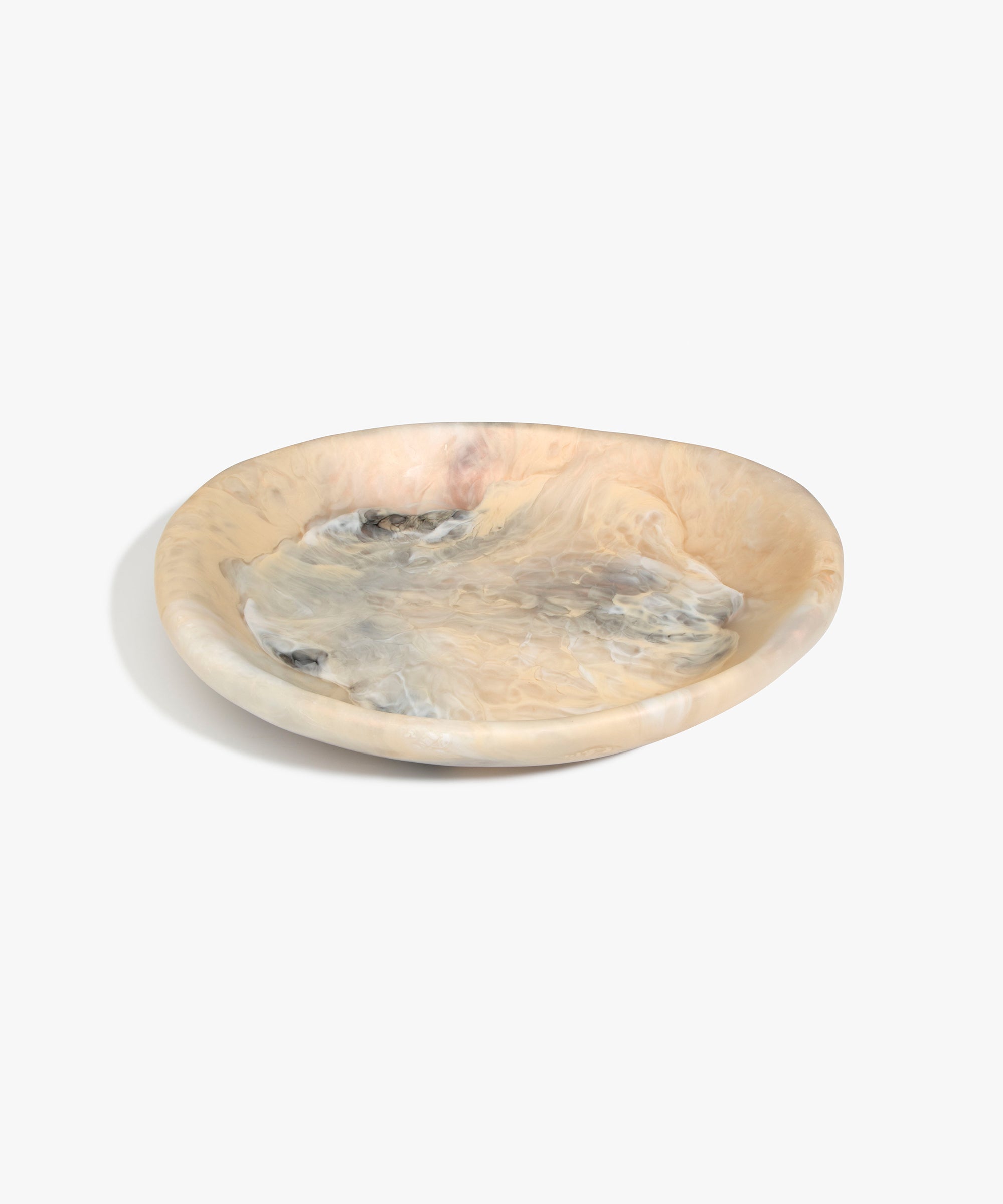 Dinosaur Designs Large Bones Bowl in Sandy Pearl —  handmade marbled beige, grey and pearlescent resin shallow serving bowl with a rounded organic form