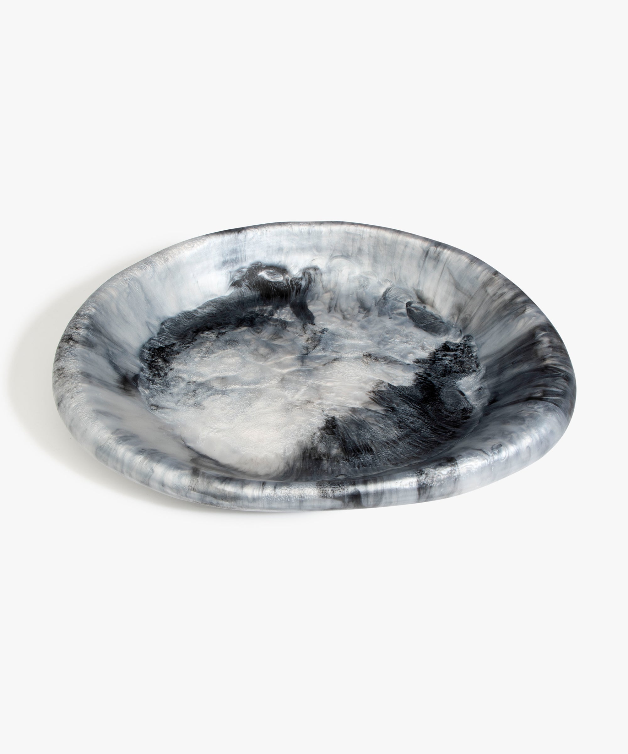 Dinosaur Designs Large Bones Bowl in Slate — handmade marbled black, grey and silver resin shallow serving bowl with a rounded organic form..