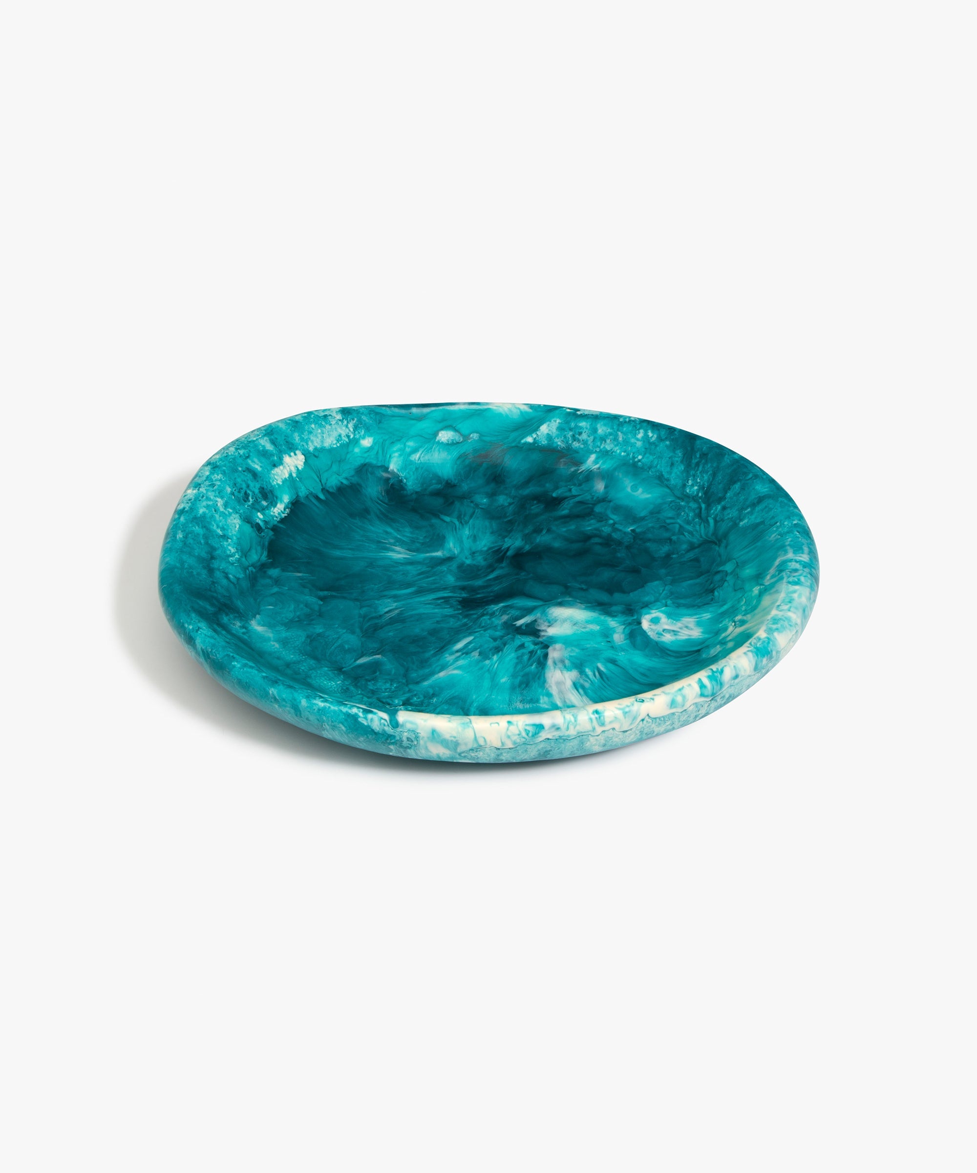 Dinosaur Designs Medium Bones Bowl in Lagoon — mid sized handmade marbled blue and cream resin shallow serving bowl with a rounded organic form