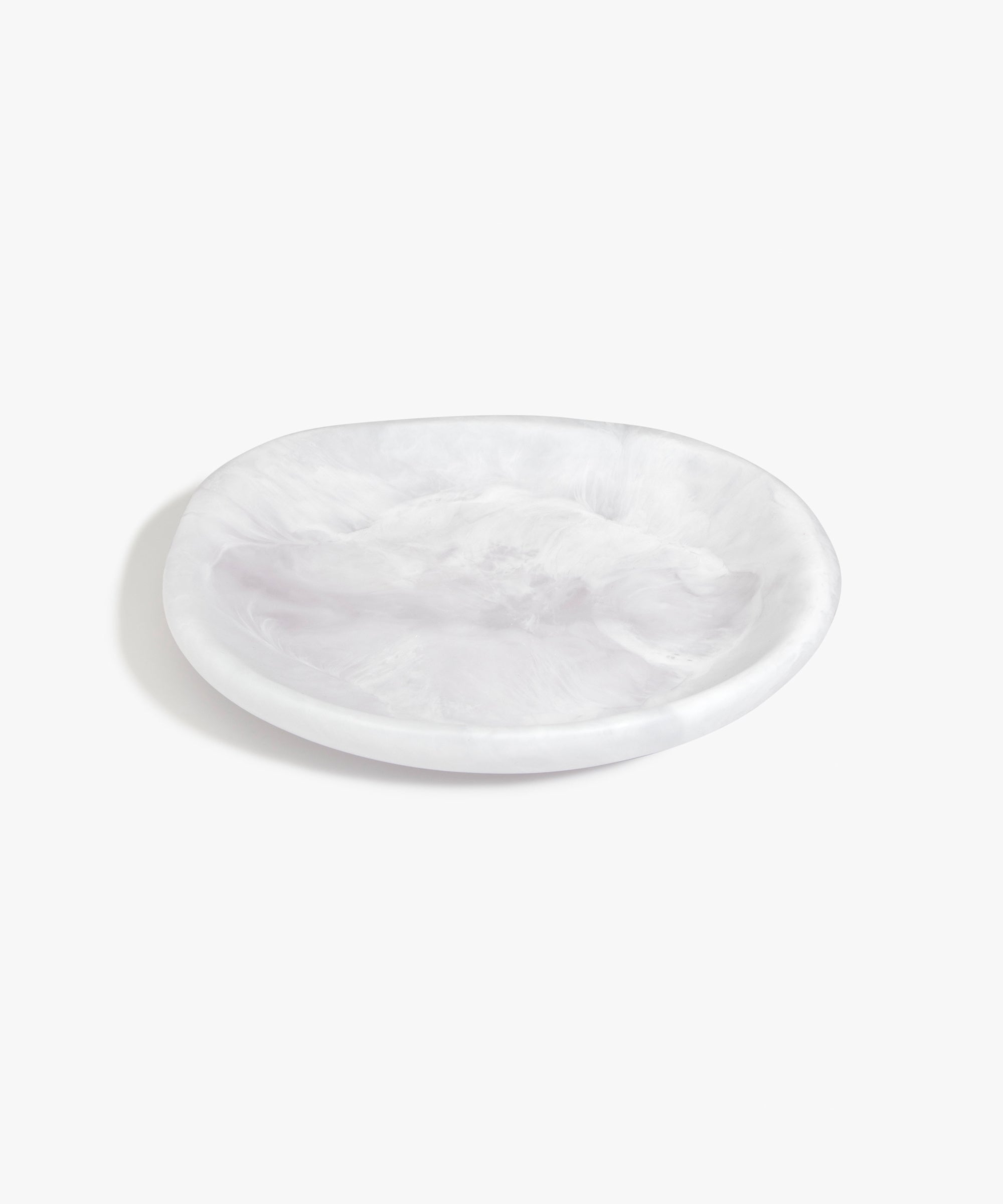 Dinosaur Designs Medium Bones Bowl in Snow Swirl — mid sized handmade marbled white and clear resin shallow serving bowl with a rounded organic form
