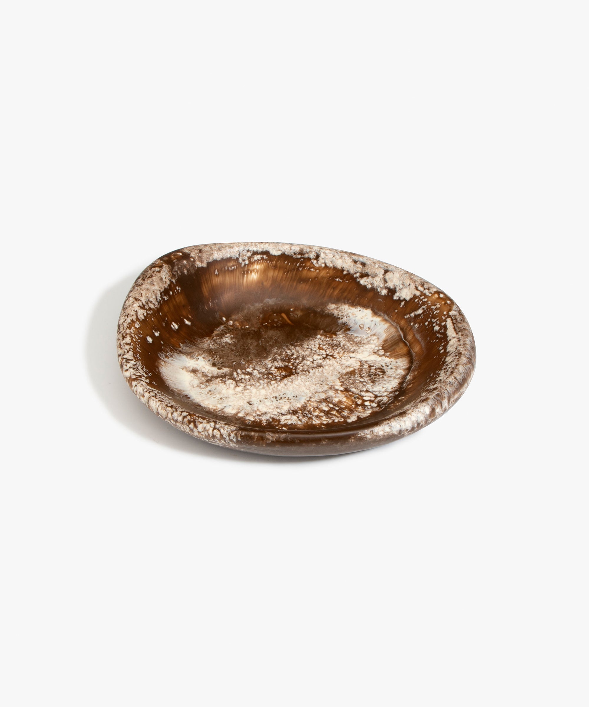 Dinosaur Designs Small Bones Bowl in Cappuccino — small handmade marbled brown and cream resin shallow serving bowl with a rounded organic form