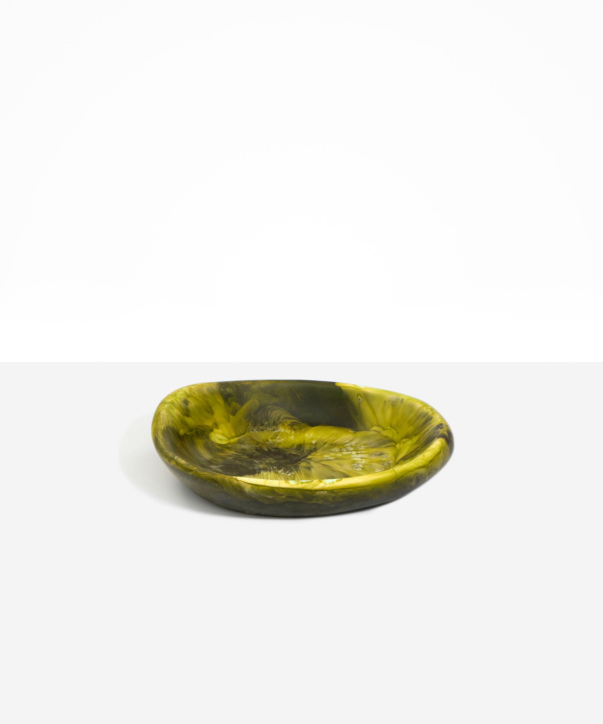 Dinosaur Designs Small Bones Bowl in  Malachite — small handmade marbled green and blue resin shallow serving bowl with a rounded organic form