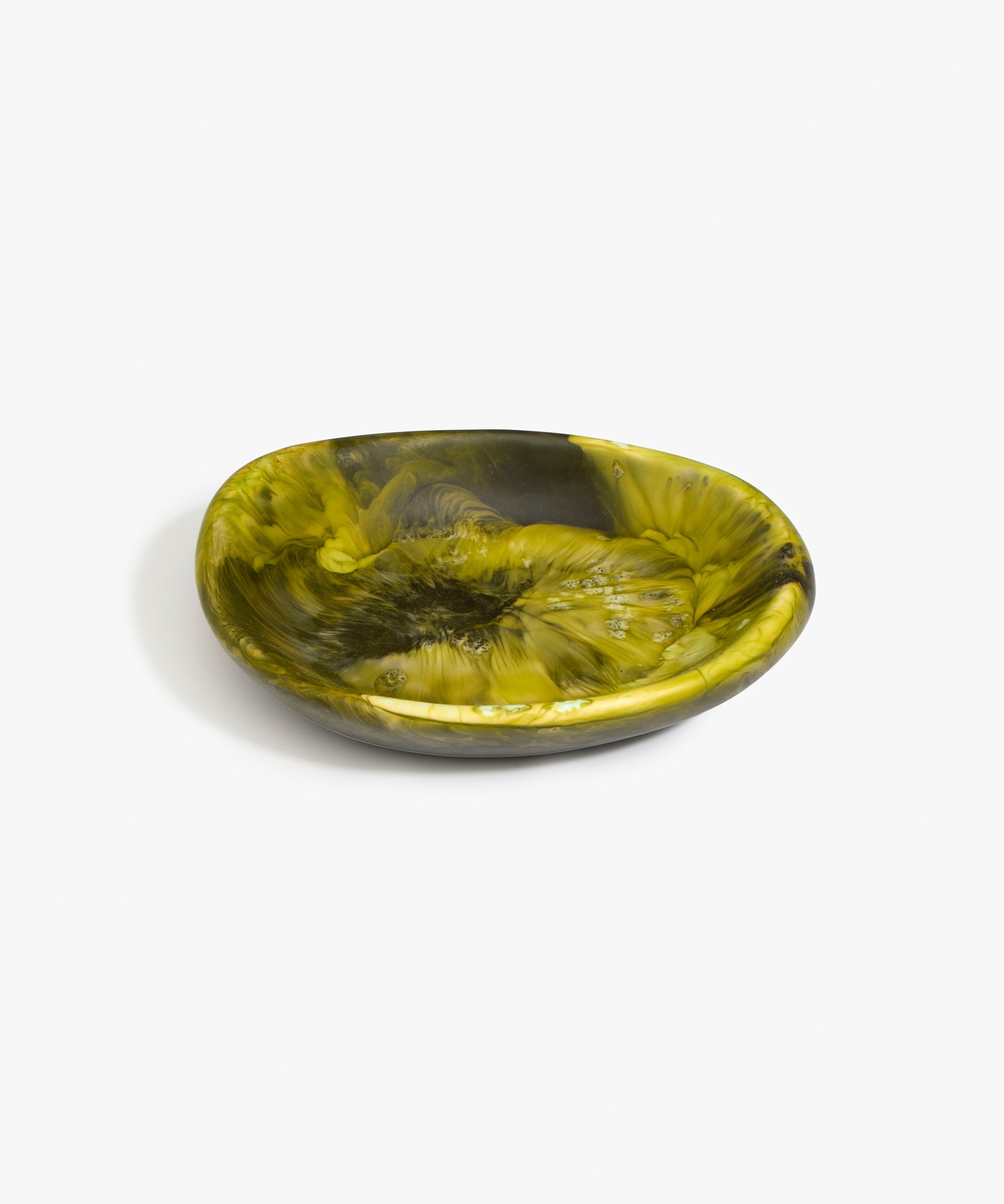 Dinosaur Designs Small Bones Bowl in  Malachite — small handmade marbled green and blue resin shallow serving bowl with a rounded organic form