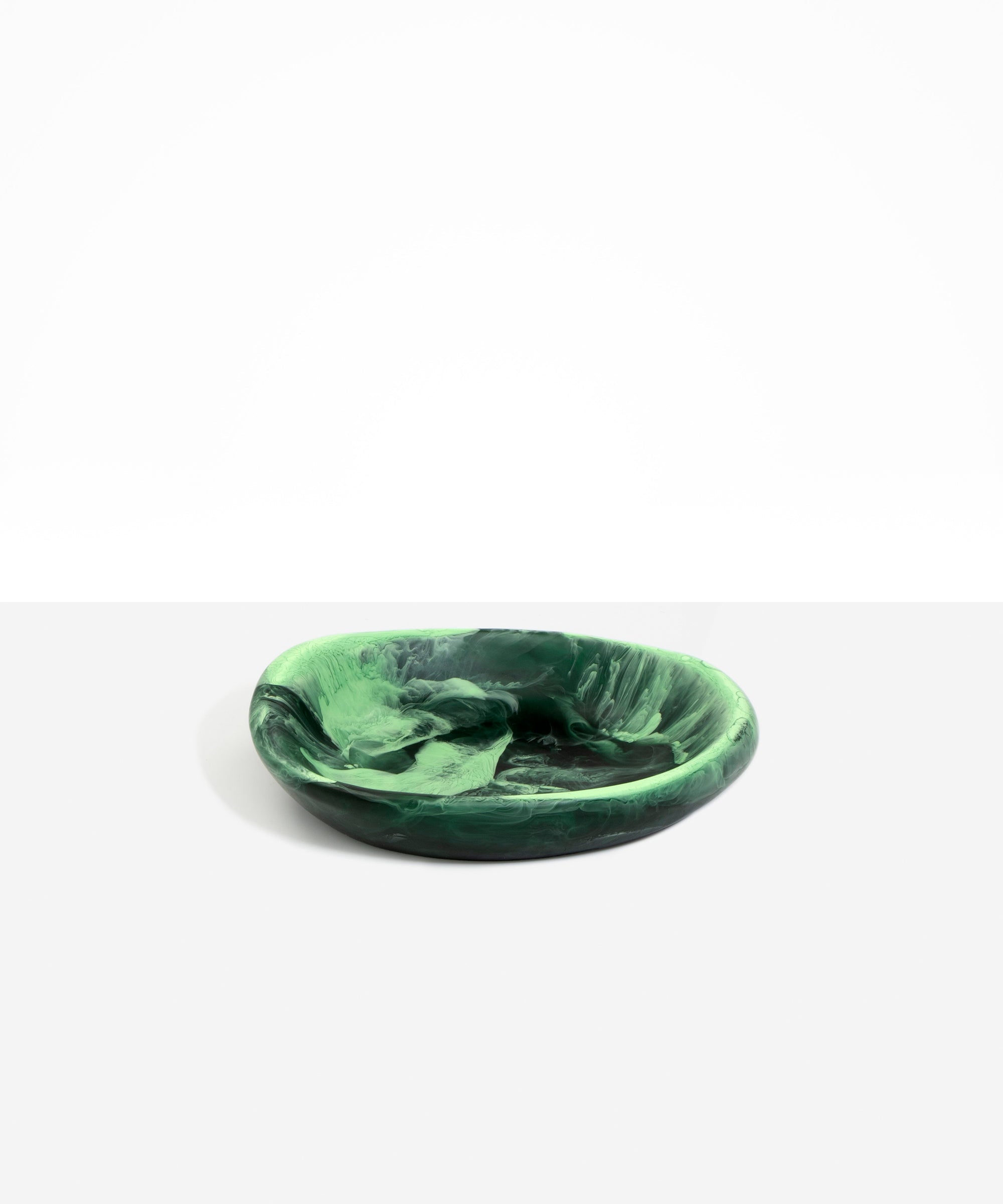 Dinosaur Designs Small Bones Bowl in Moss — small handmade marbled green resin shallow serving bowl with a rounded organic form