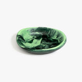 Dinosaur Designs Small Bones Bowl in Moss — small handmade marbled green resin shallow serving bowl with a rounded organic form