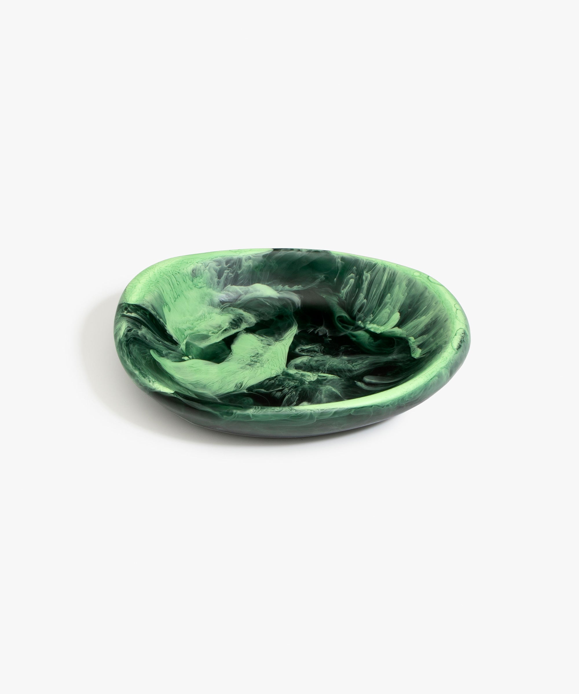 Dinosaur Designs Small Bones Bowl in Moss — small handmade marbled green resin shallow serving bowl with a rounded organic form