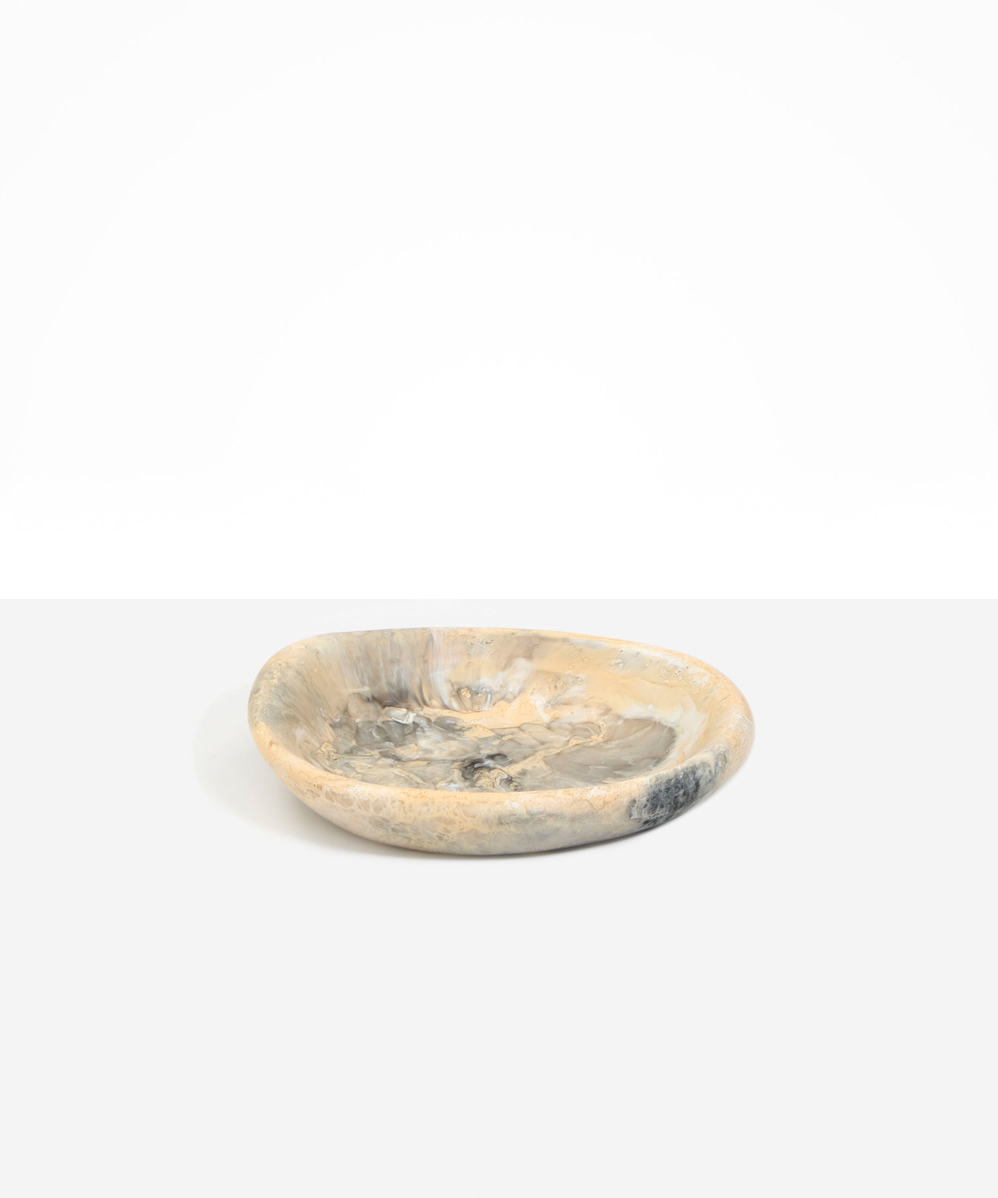 Dinosaur Designs Small Bones Bowl in Sandy Pearl — small handmade marbled beige, grey and pearlescent resin shallow serving bowl with a rounded organic form