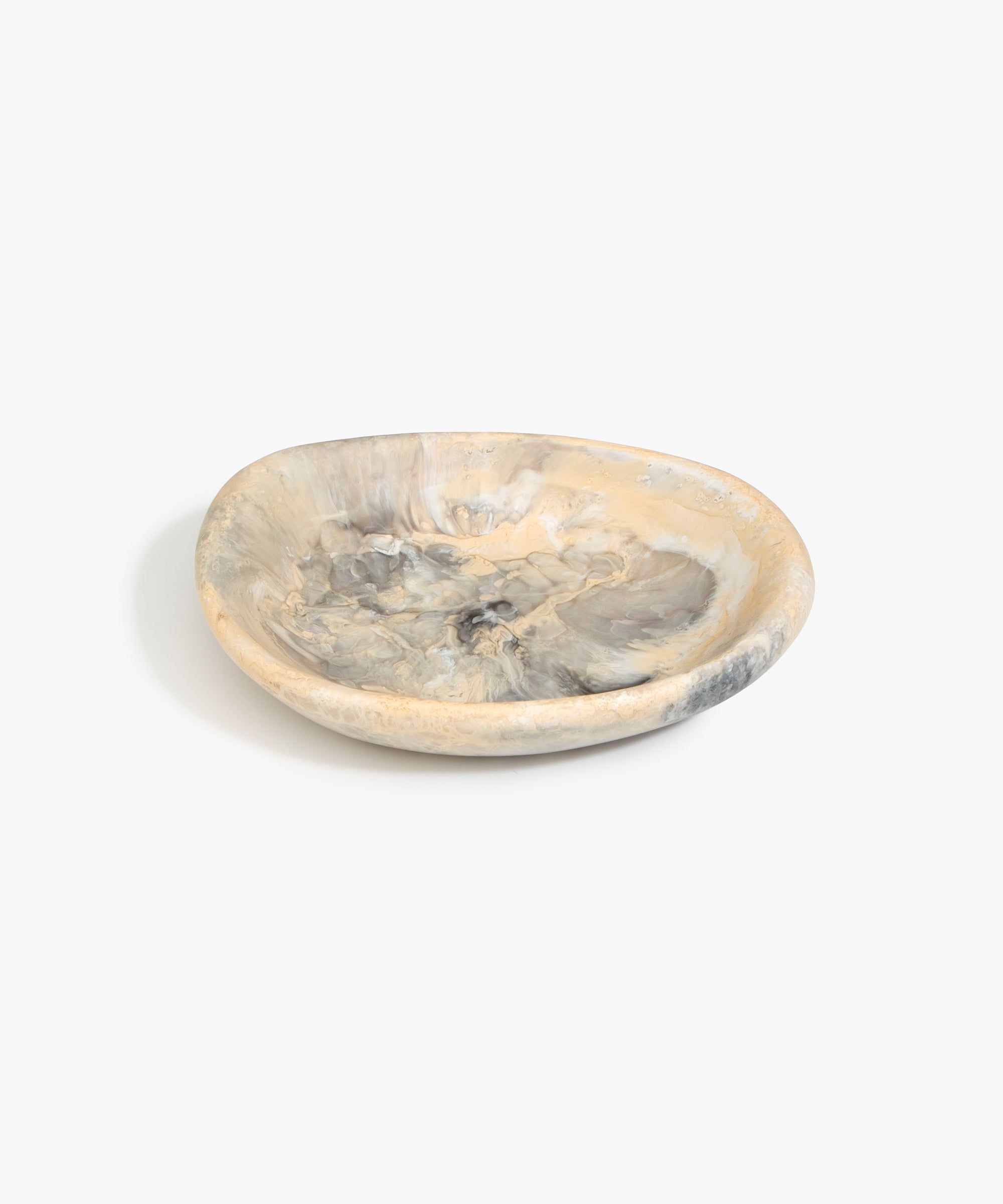 Dinosaur Designs Small Bones Bowl in Sandy Pearl — small handmade marbled beige, grey and pearlescent resin shallow serving bowl with a rounded organic form
