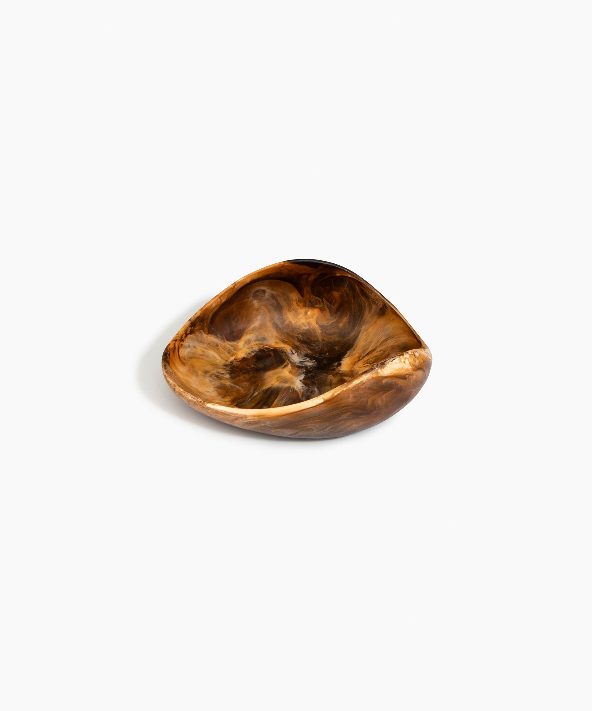 Dinosaur Designs Small Leaf Bowl in Dark Horn — handcrafted marbled brown, cream and gold resin bowl with curved organic form