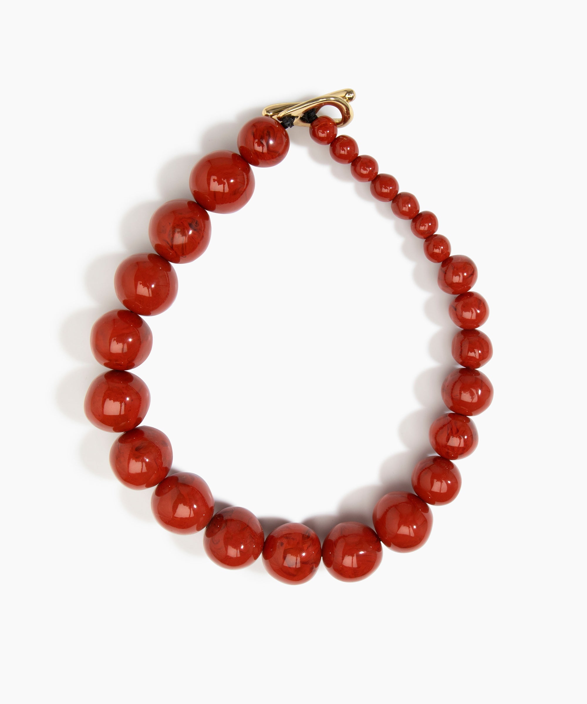 Dinosaur Designs Polished Organic Ball Choker in Lava — handcrafted marbled brick red and clear polished resin graduating bead choker necklace with brass t-bar clasp