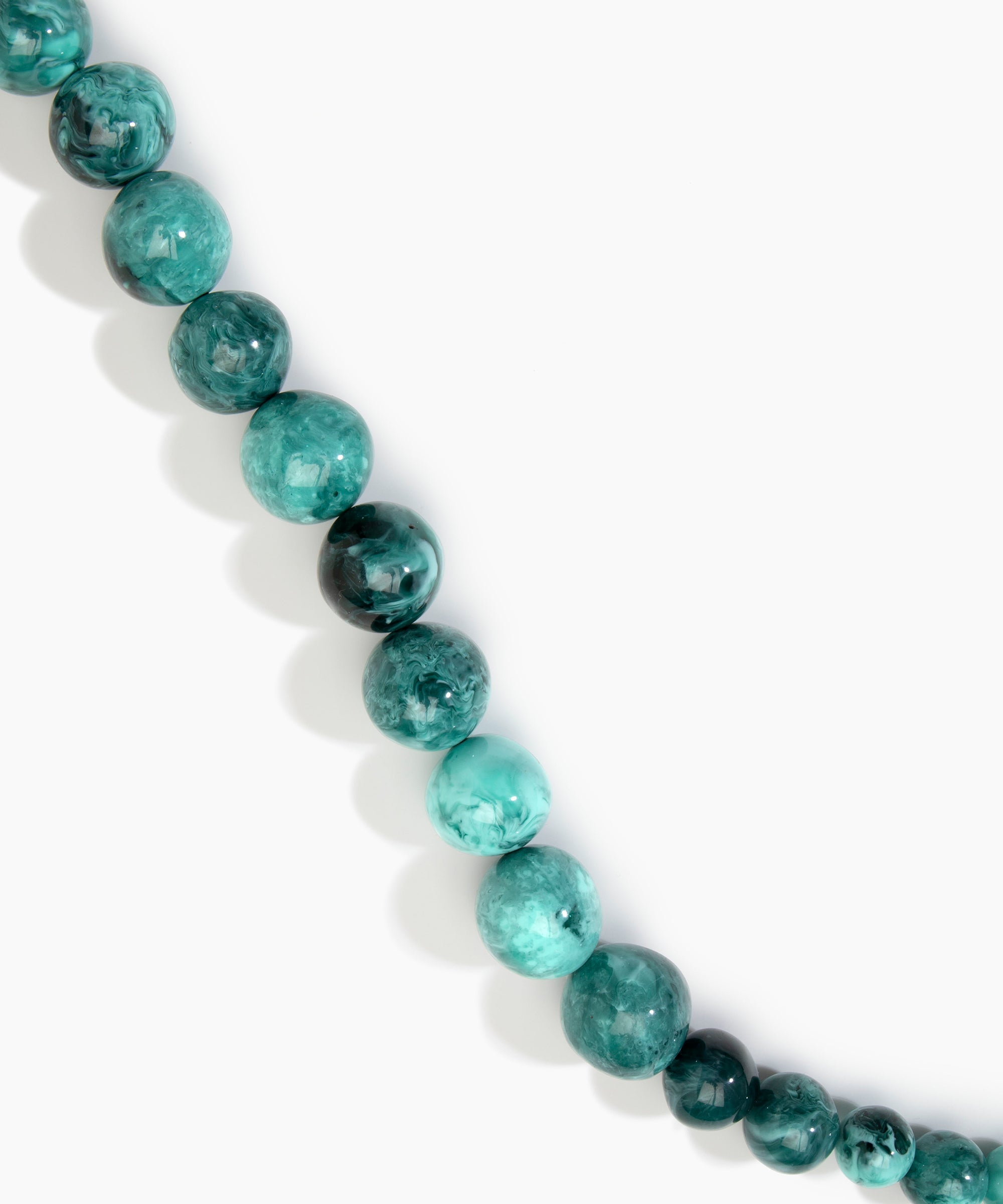 Dinosaur Designs Polished Organic Ball Necklace in Lichen — handcrafted marbled teal green and black polished resin graduating bead necklace with silver t-bar clasp.