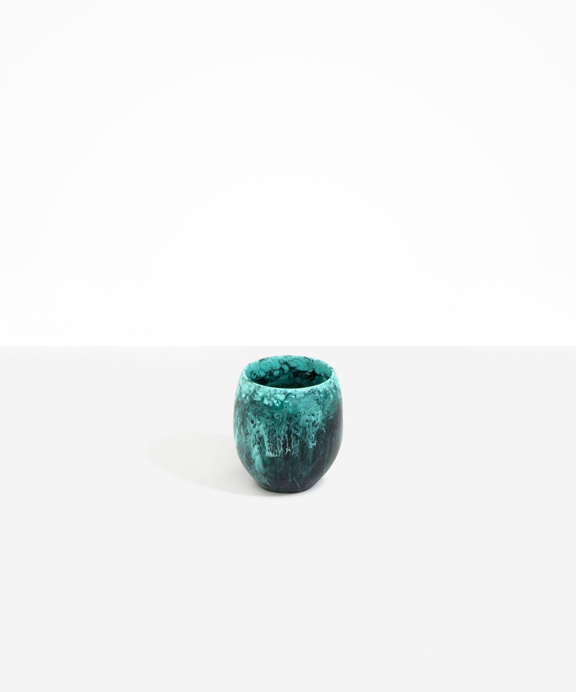 Dinosaur Designs Large Rock Cup in Lichen — handcrafted marbled teal green and black resin cup with rounded bulbous form and open organic rim
