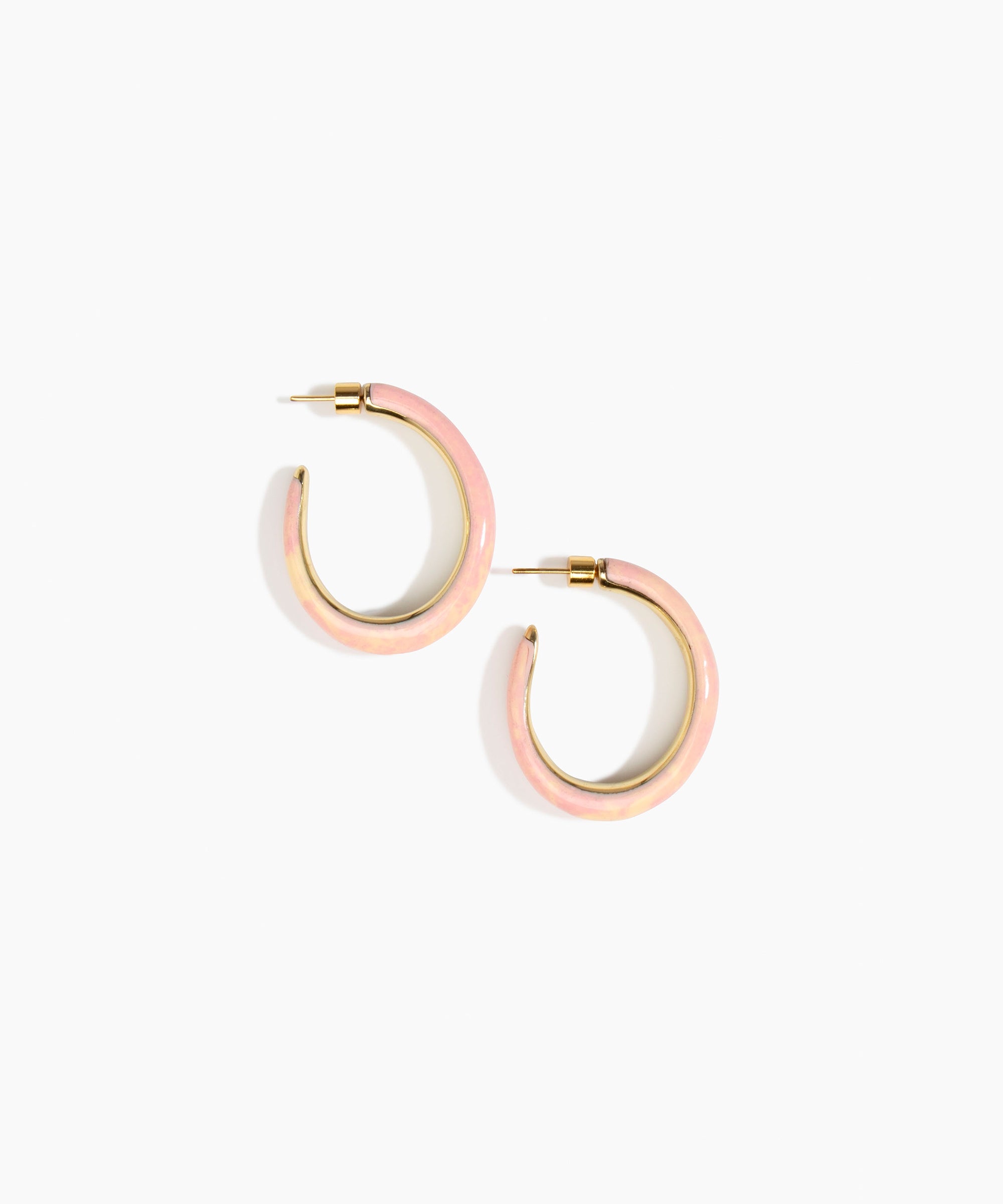 Dinosaur Designs Large Pebble Duo Hoop Earrings in Blossom — marbled pink and cream resin hoop earrings with polished brass inner face and stud fastening
