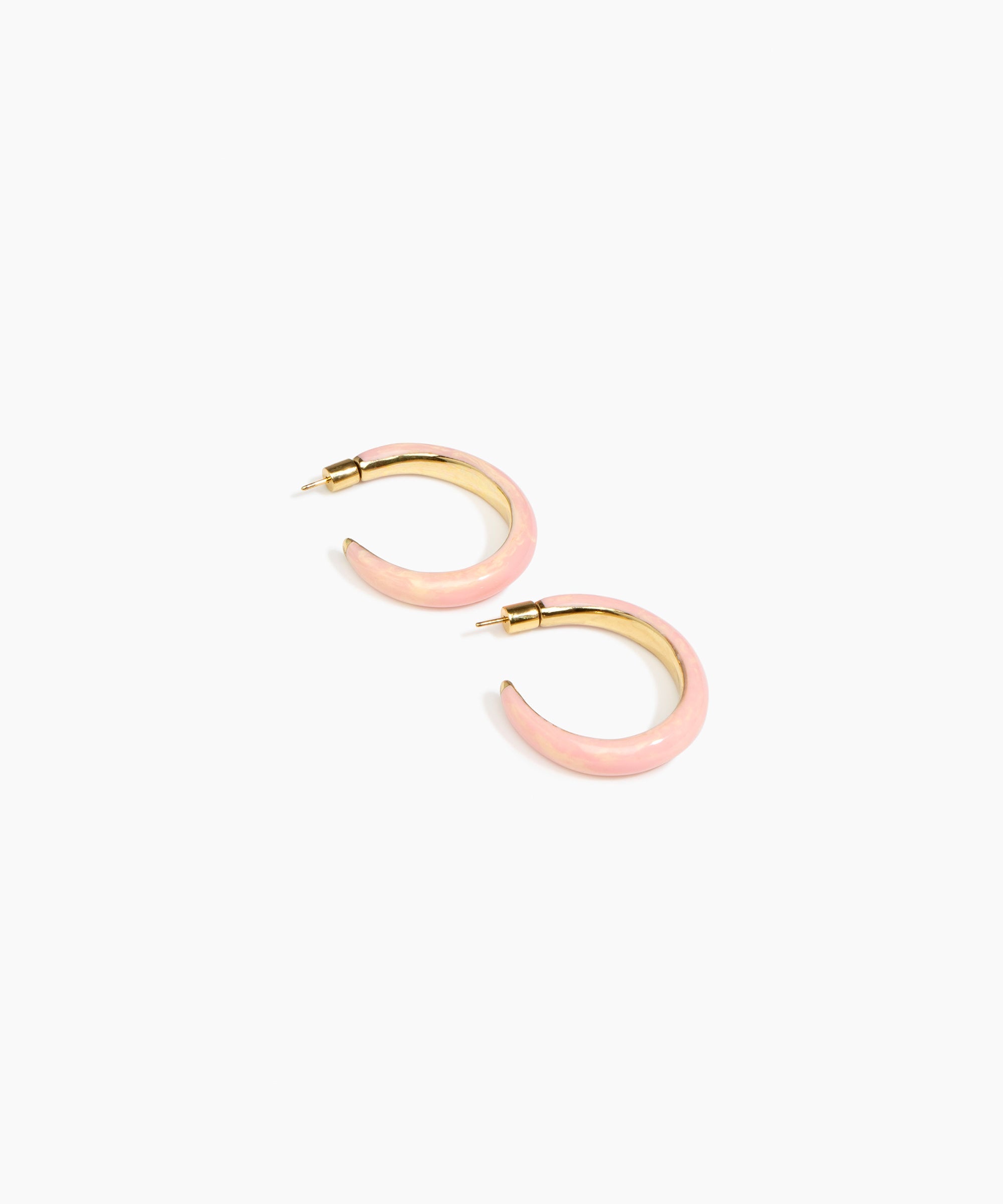 Dinosaur Designs Large Pebble Duo Hoop Earrings in Blossom — marbled pink and cream resin hoop earrings with polished brass inner face and stud fastening