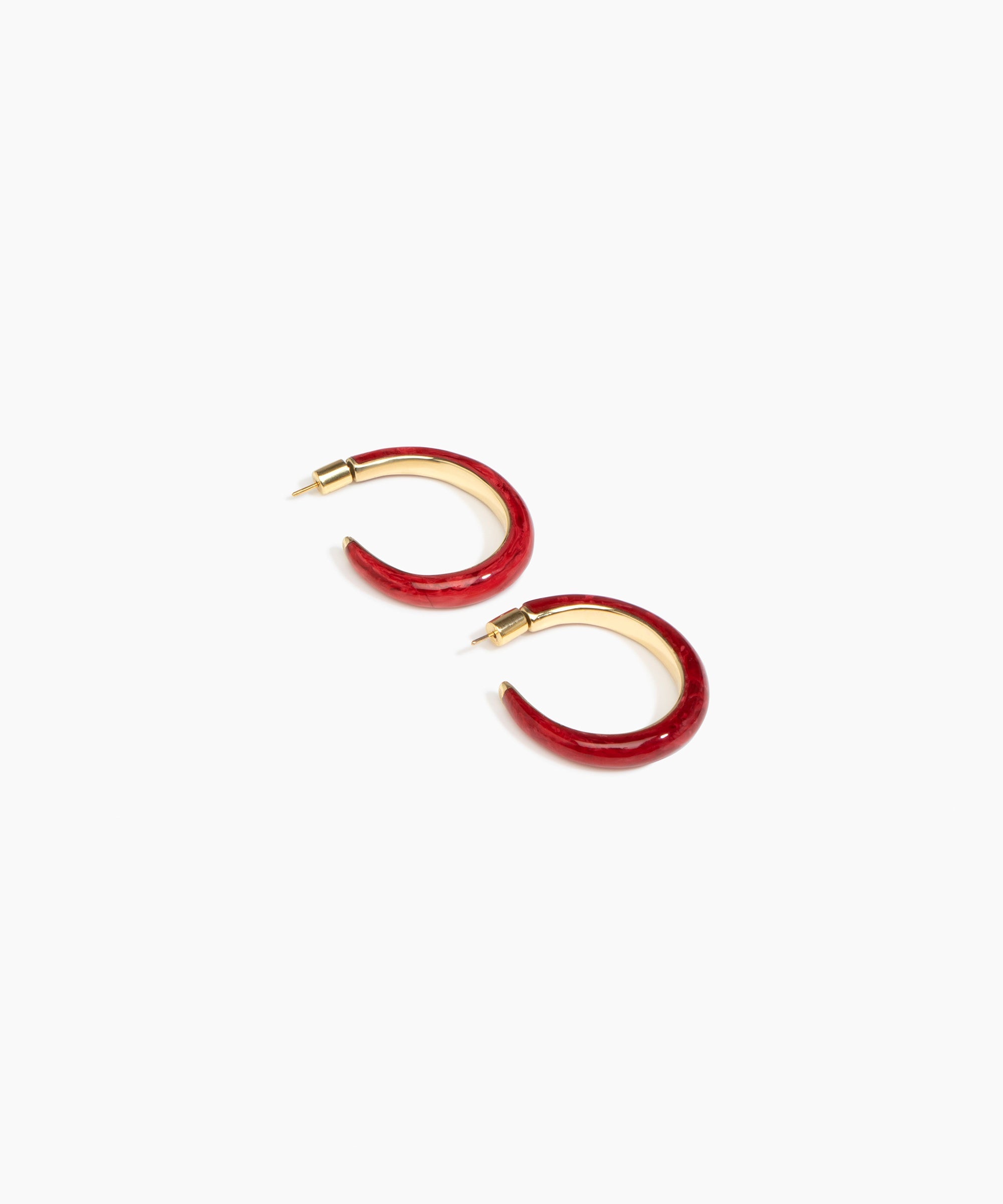 Dinosaur Designs Large Pebble Duo Hoop Earrings in Cranberry — marbled red resin hoop earrings with polished brass inner face and stud fastening