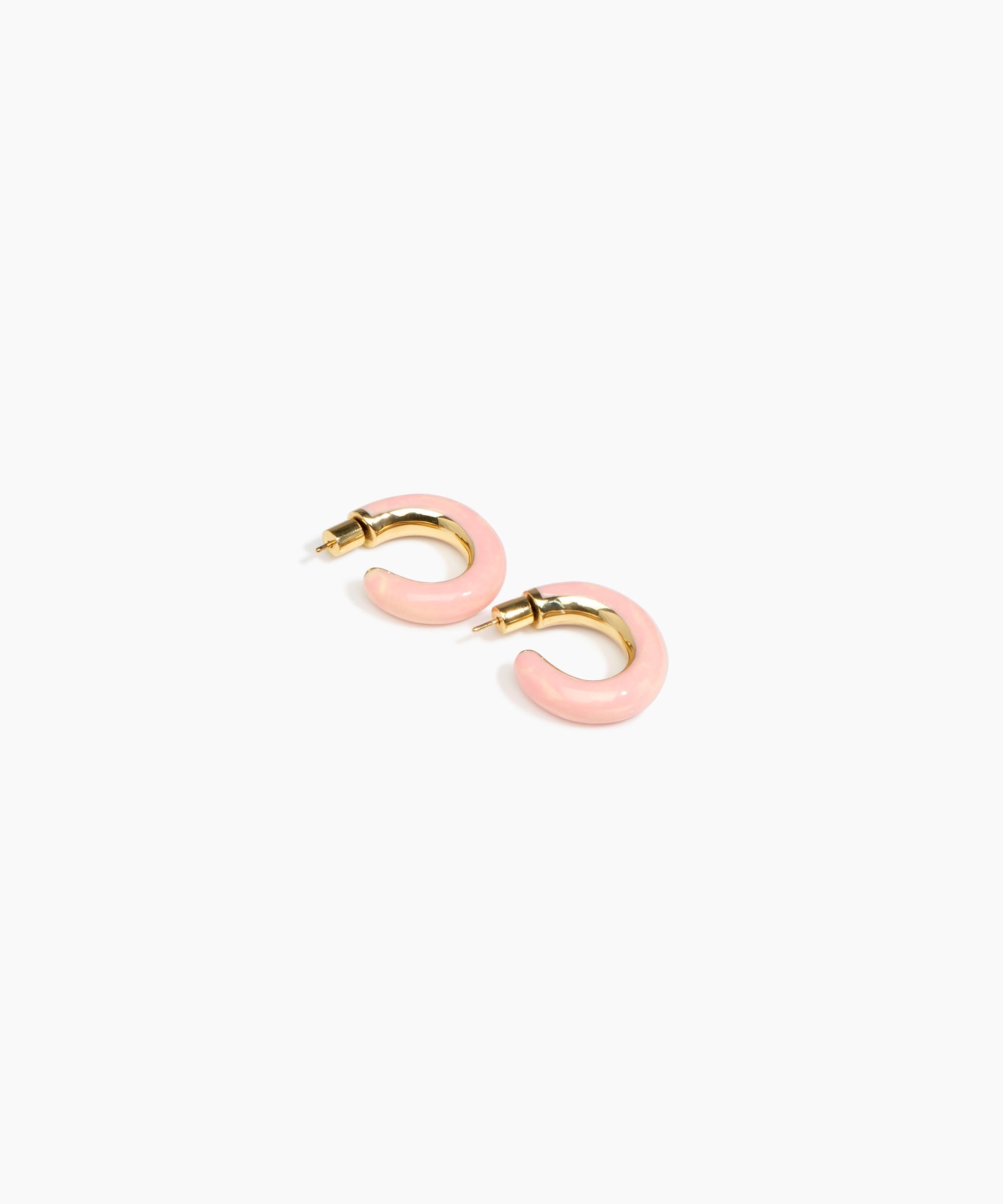 Dinosaur Designs Medium Pebble Duo Hoop Earrings in Blossom — marbled pink and cream resin hoop earrings with polished brass inner face and stud fastening