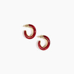 Dinosaur Designs Medium Pebble Duo Hoop Earrings in Cranberry — marbled red resin hoop earrings with polished brass inner face and stud fastening