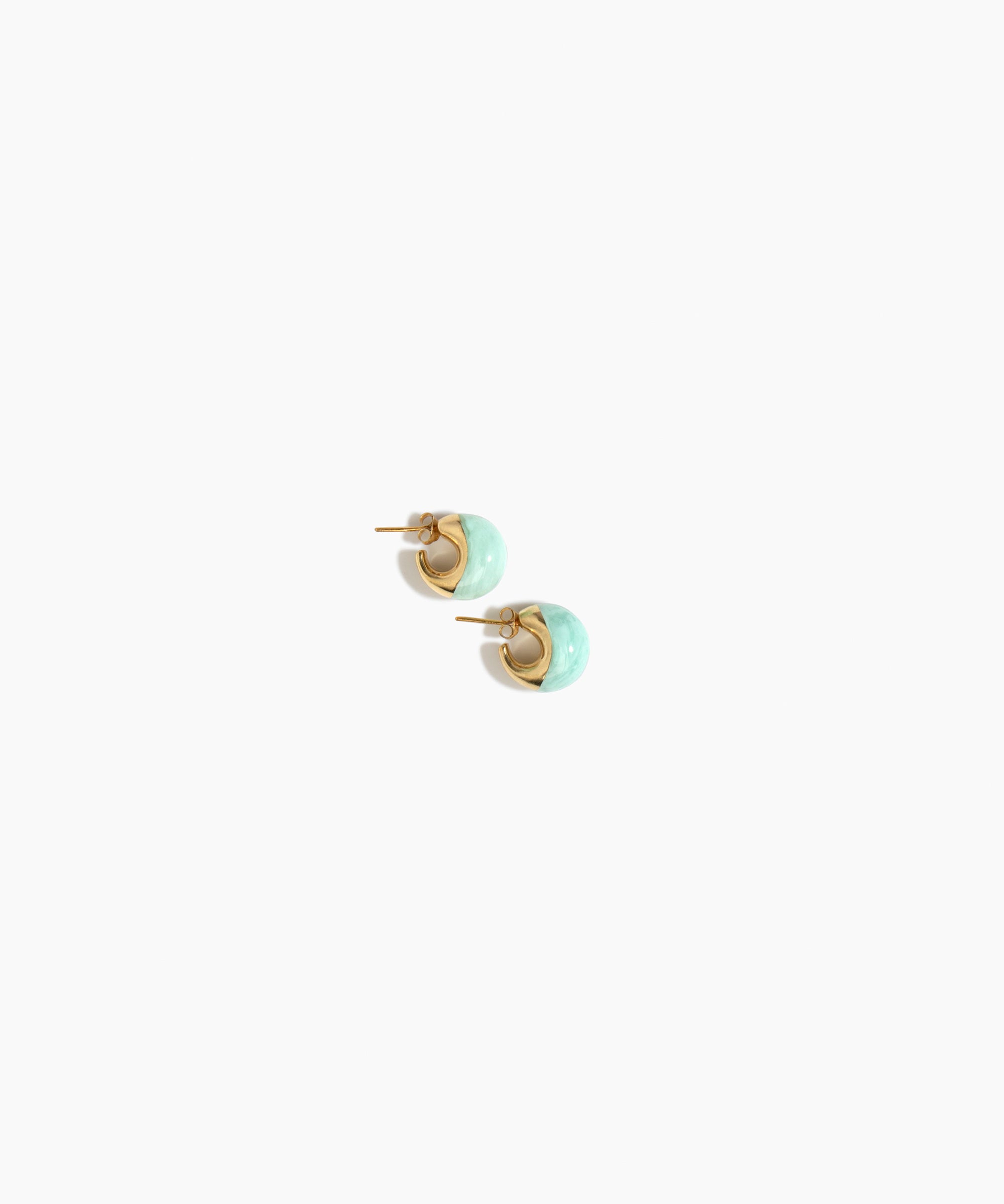 Dinosaur Designs Crescent Stud Earrings in Mint colour with Brass hardware — marbled mint blue resin dome stud earrings with brass crescent setting.