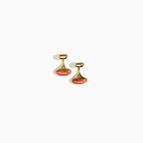 Dinosaur Designs Polished Lotus Drop Earrings in Rust with Brass — marbled brown-red and cream resin half-dome drop earrings with polished brass tapered stem and oval pebble stud