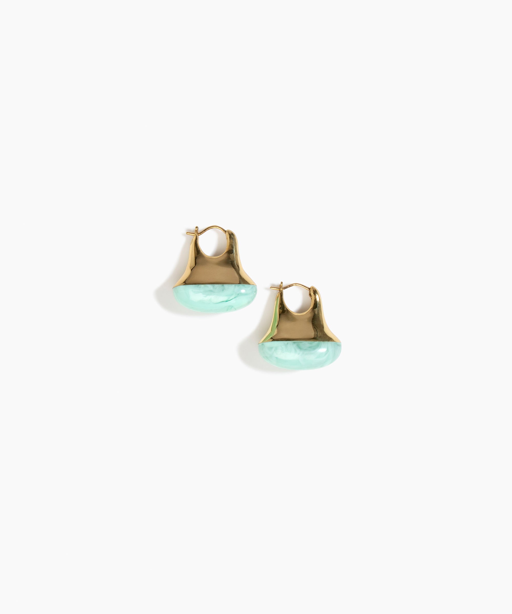 Dinosaur Designs Polished Lotus Hoop Earrings in Mint with Brass — marbled mint blue resin half-dome hoop earrings with polished brass hardware and hinged clasp