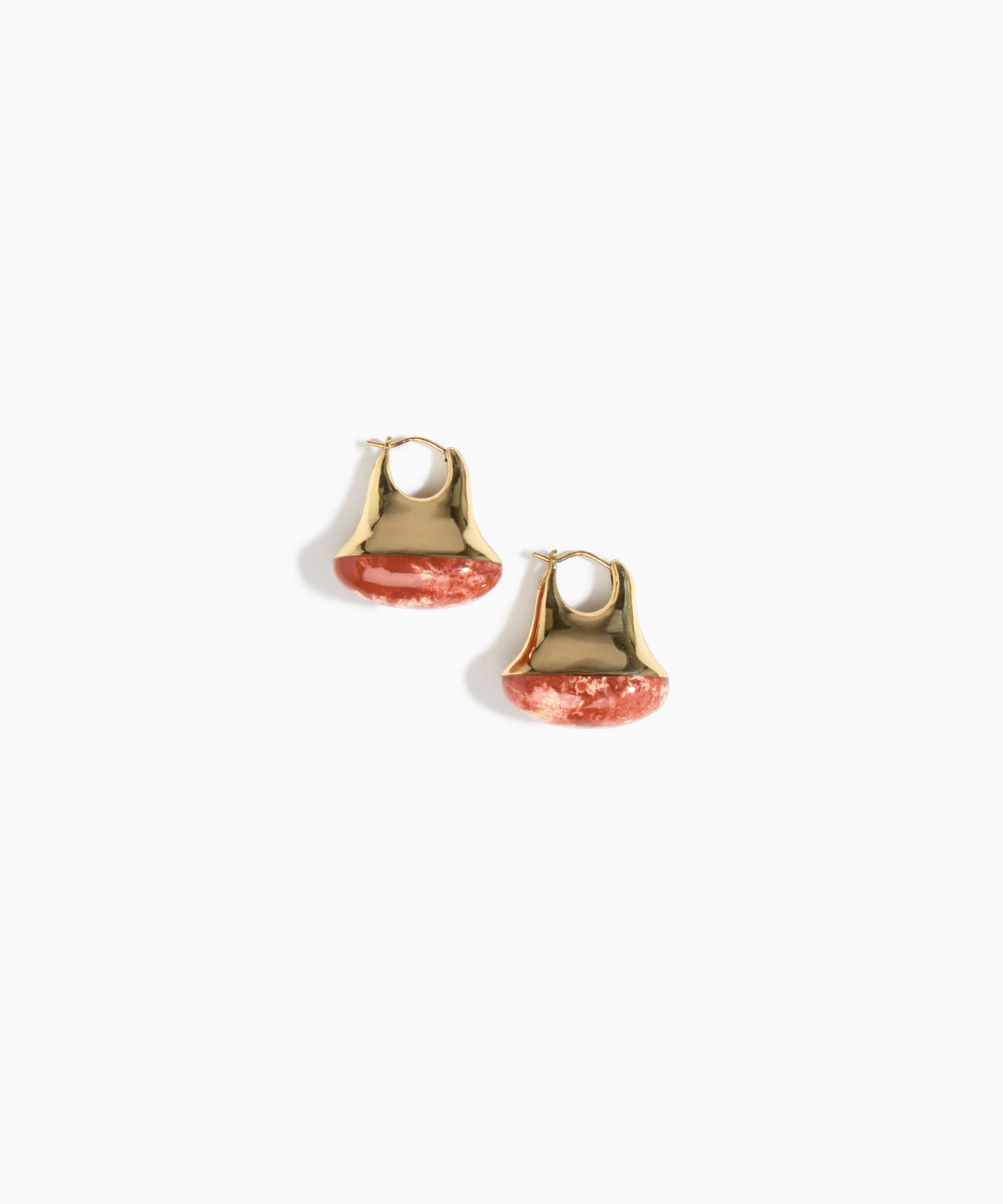 Dinosaur Designs Polished Lotus Hoop Earrings in Rust with Brass — marbled red-brown and cream resin half-dome hoop earrings with polished brass hardware and hinged clasp