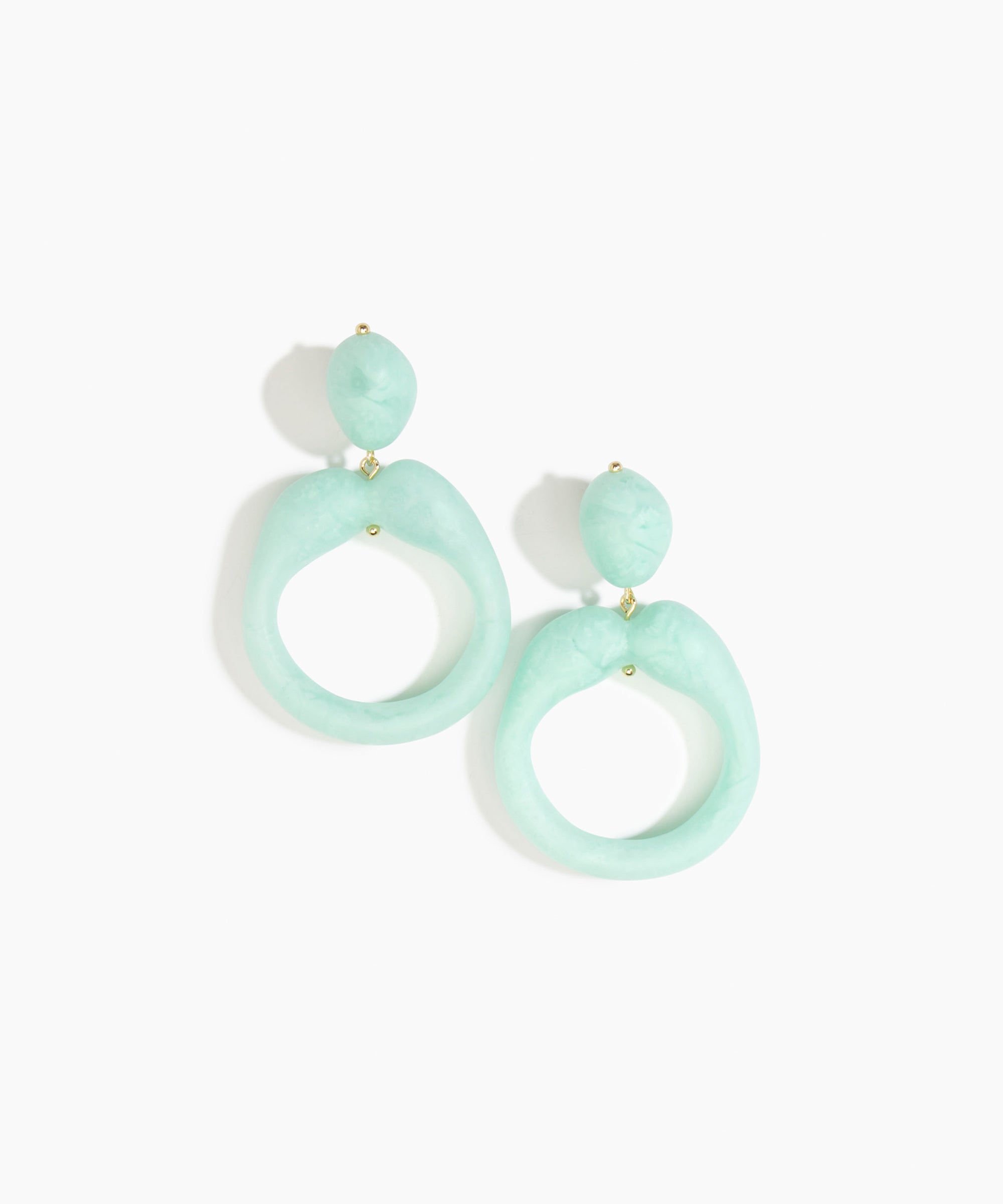 Dinosaur Designs Sprout Hoop Earrings in Mint colour — marbled mint blue resin oversized irregular hoop drop earrings with small oval resin stud top and gold-plated hardware