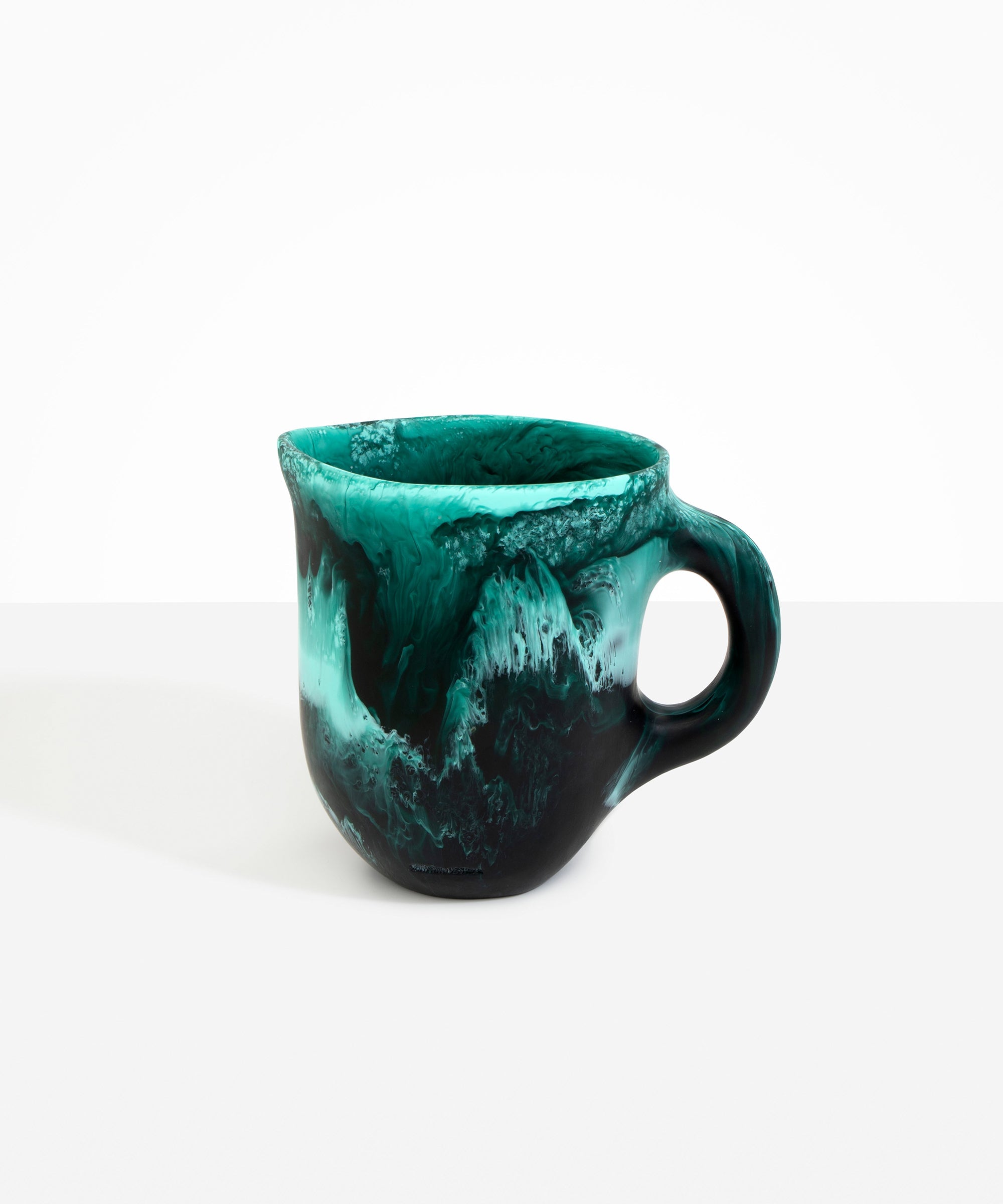 Dinosaur Designs Large Rock Jug in Lichen — handcrafted marbled teal and black resin jug with wide open rim, pour spout and round loop handle