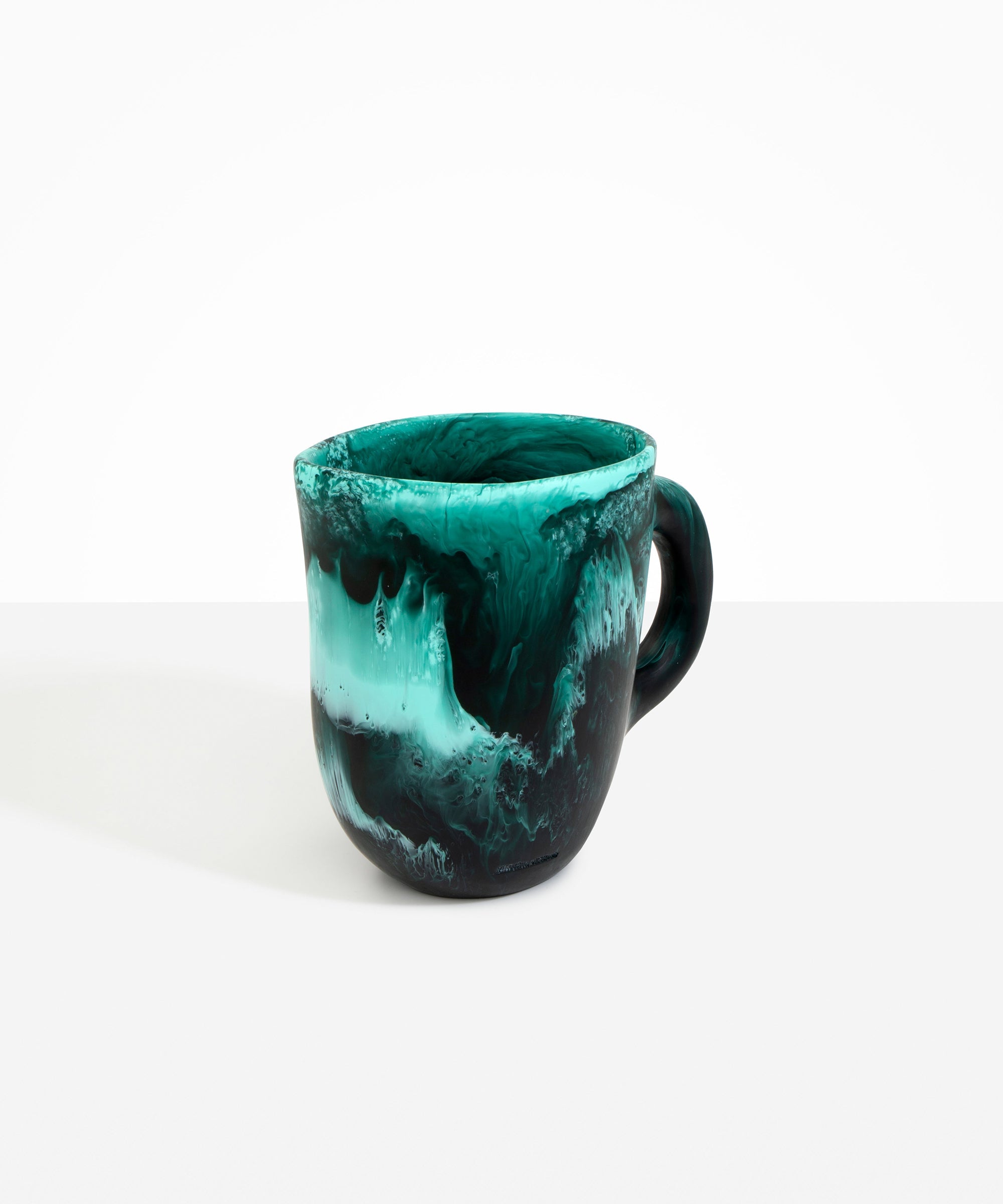 Dinosaur Designs Large Rock Jug in Lichen — handcrafted marbled teal and black resin jug with wide open rim, pour spout and round loop handle