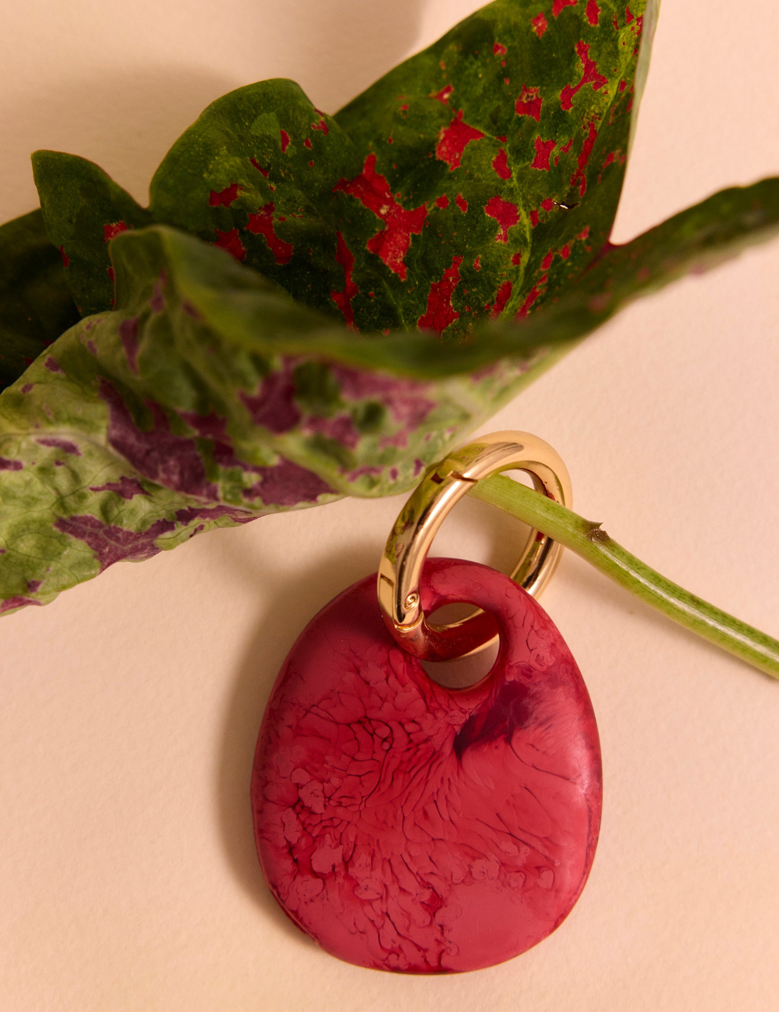Deep pink keyring with brass jumpring around stem of green and red leaf