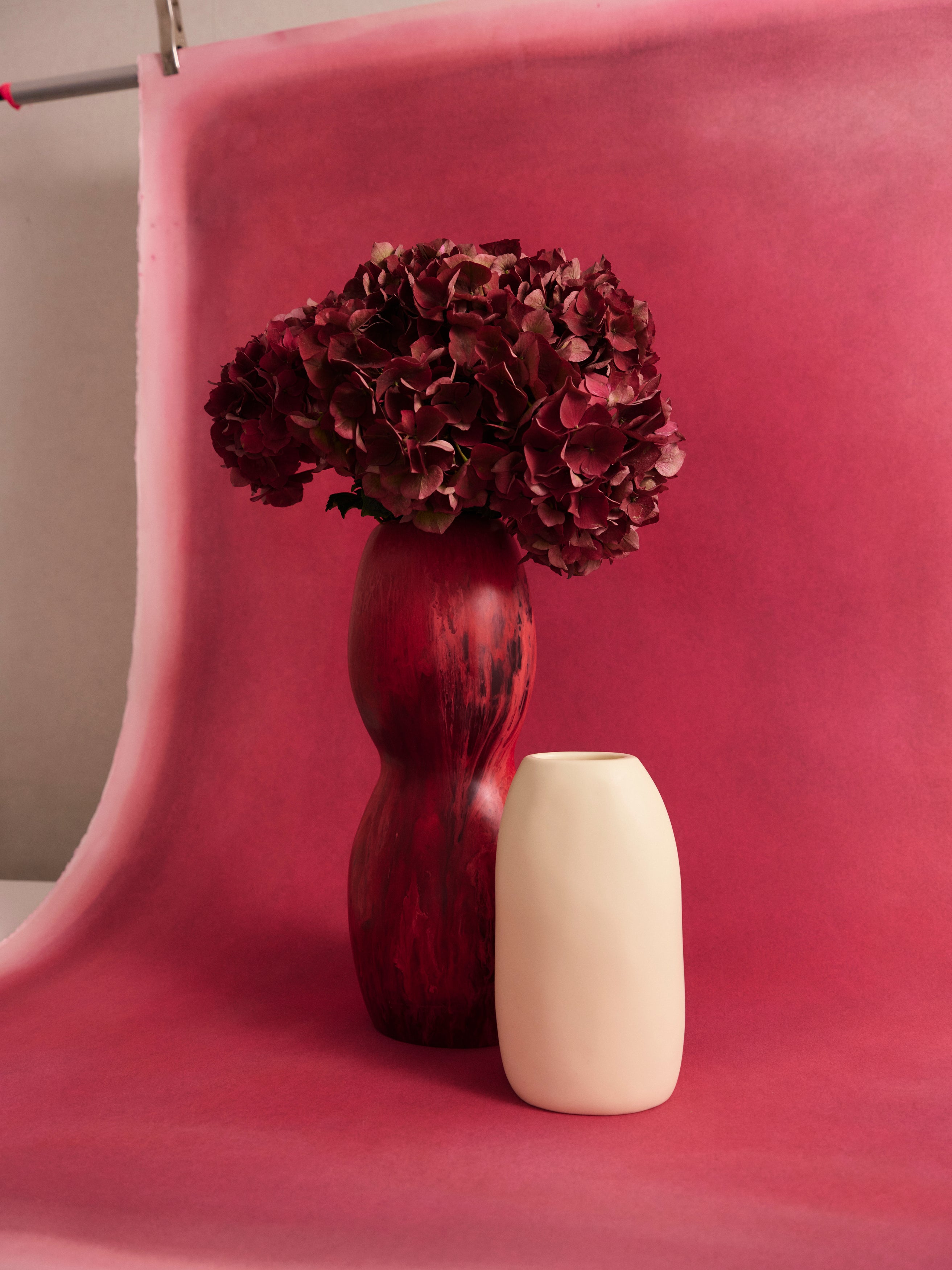 Two vases, one deep pink and one cream, with a bouquet of dark pink flowers against a pink backdrop.