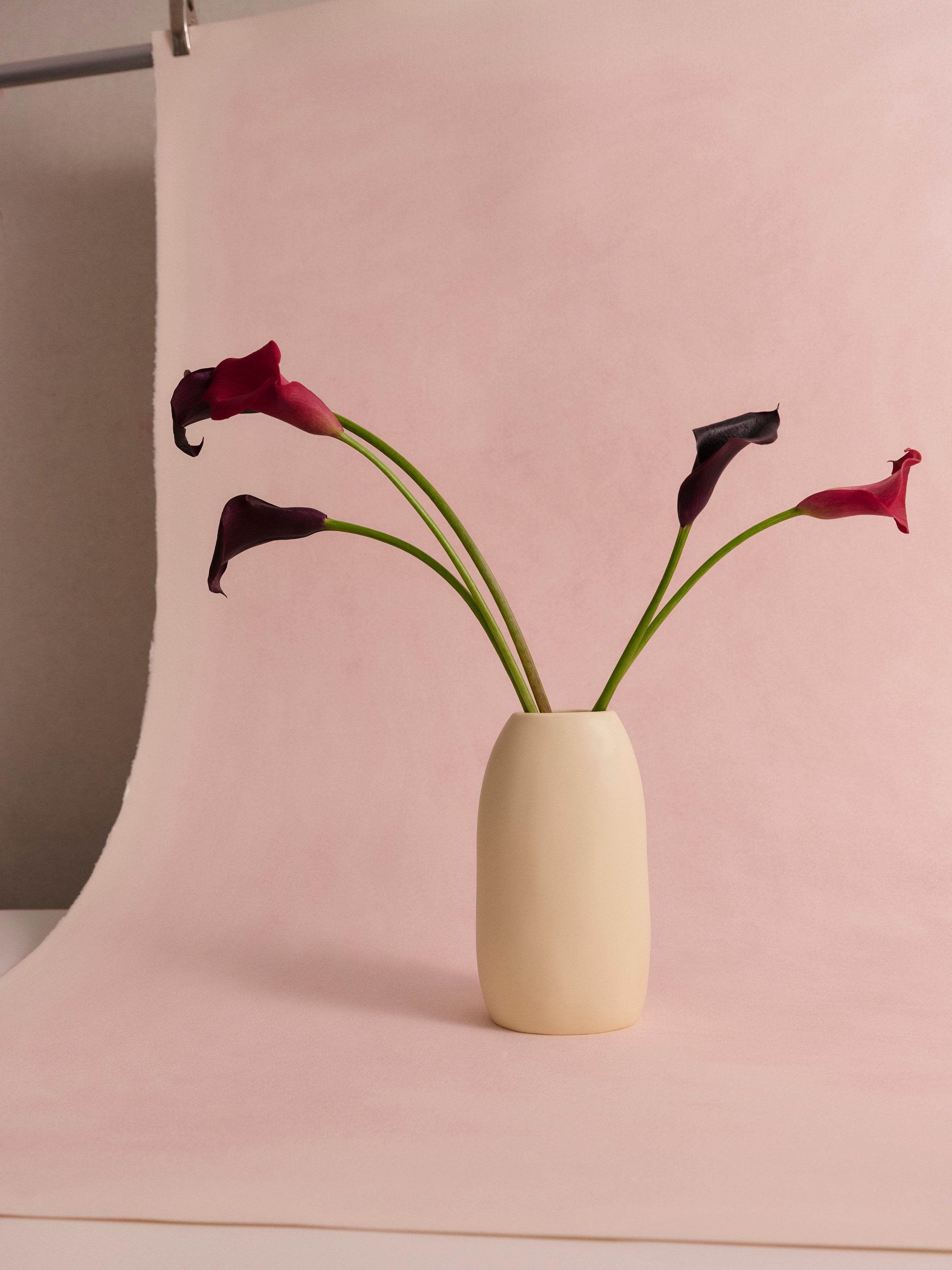 Cream resin vase with an assortment of floral stems on a pink backdrop