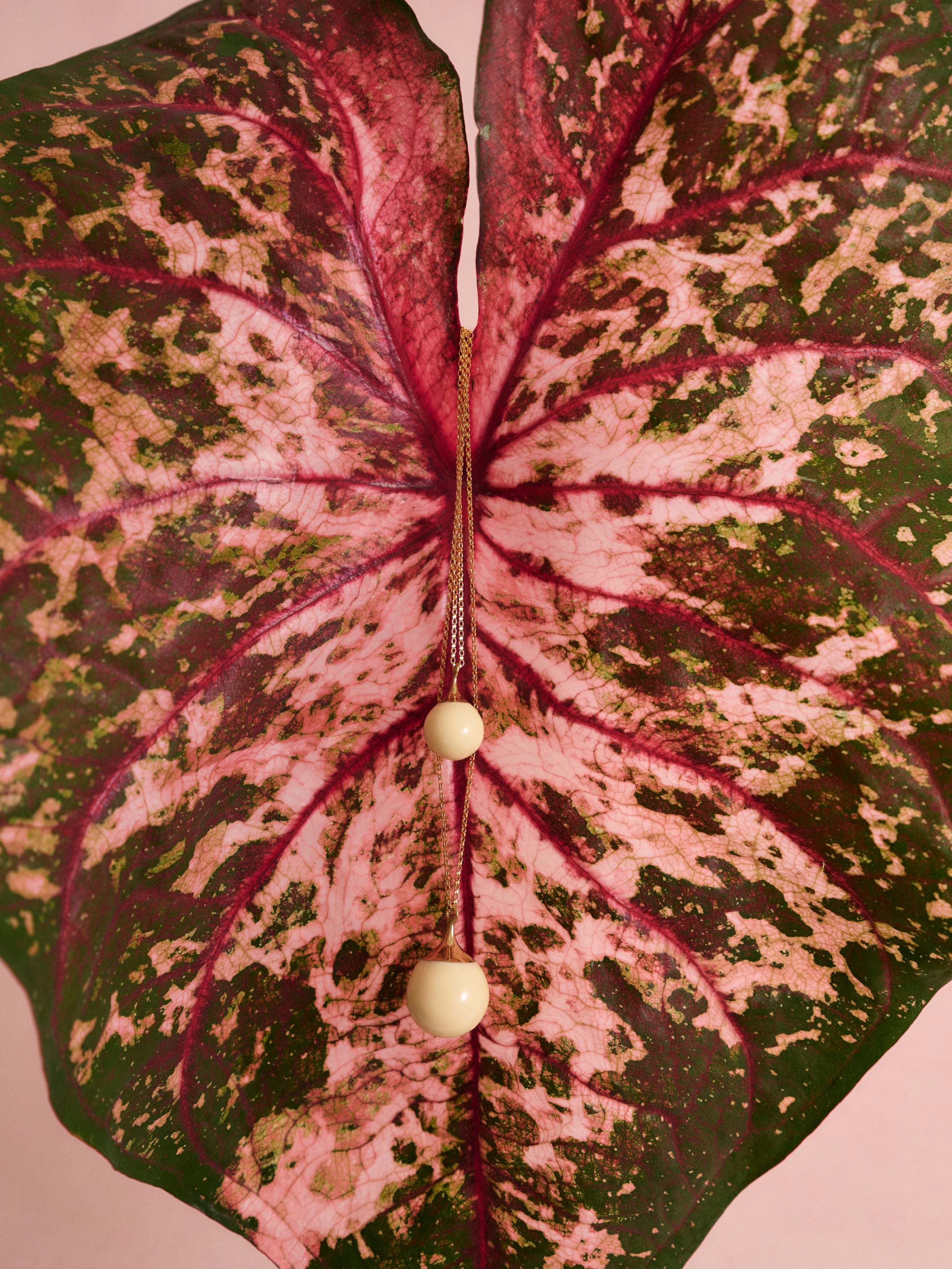 Cream resin ball pendant on a pink and green leaf