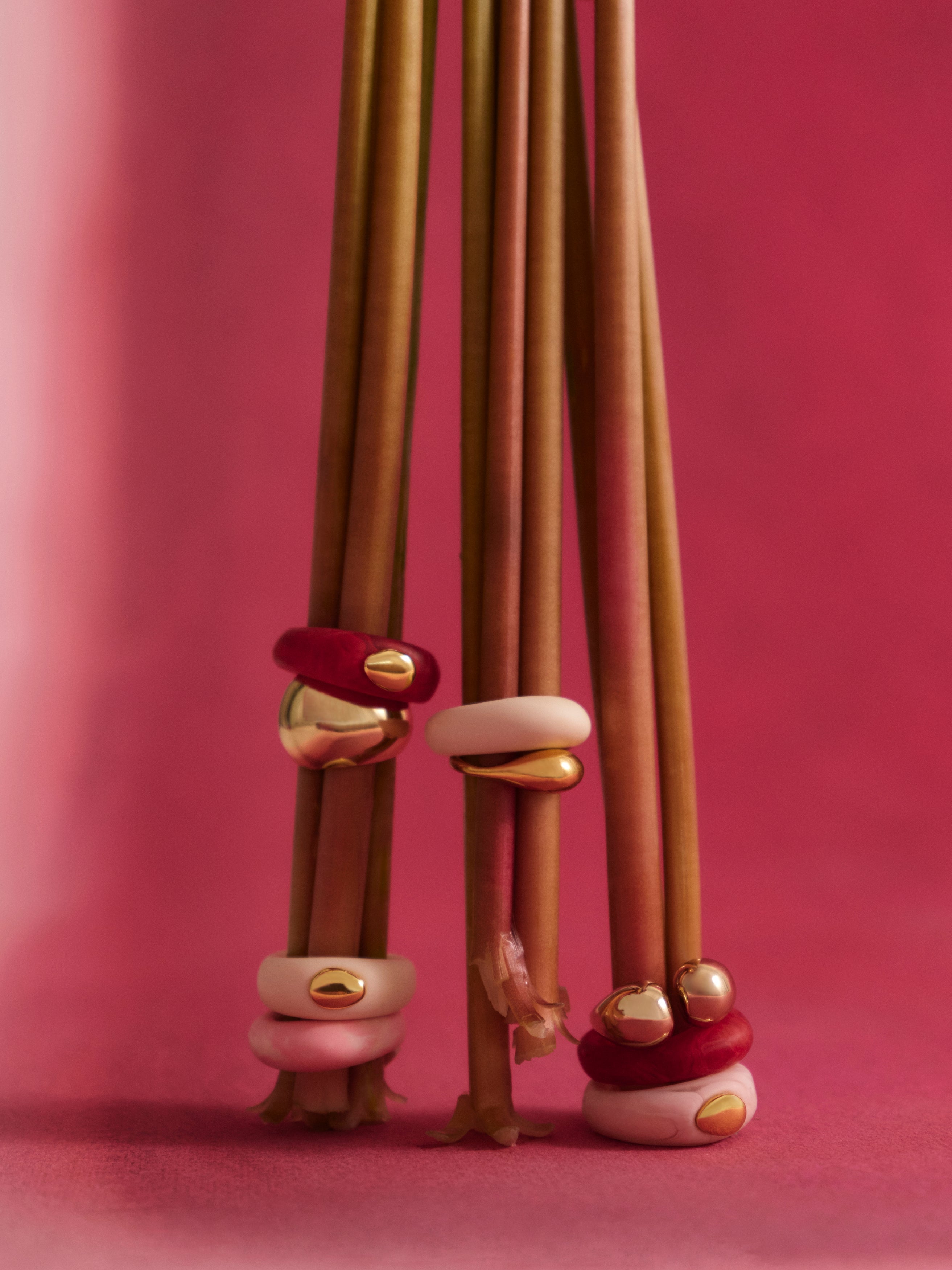 Floral stems with stacked resin and brass rings in pink and cream