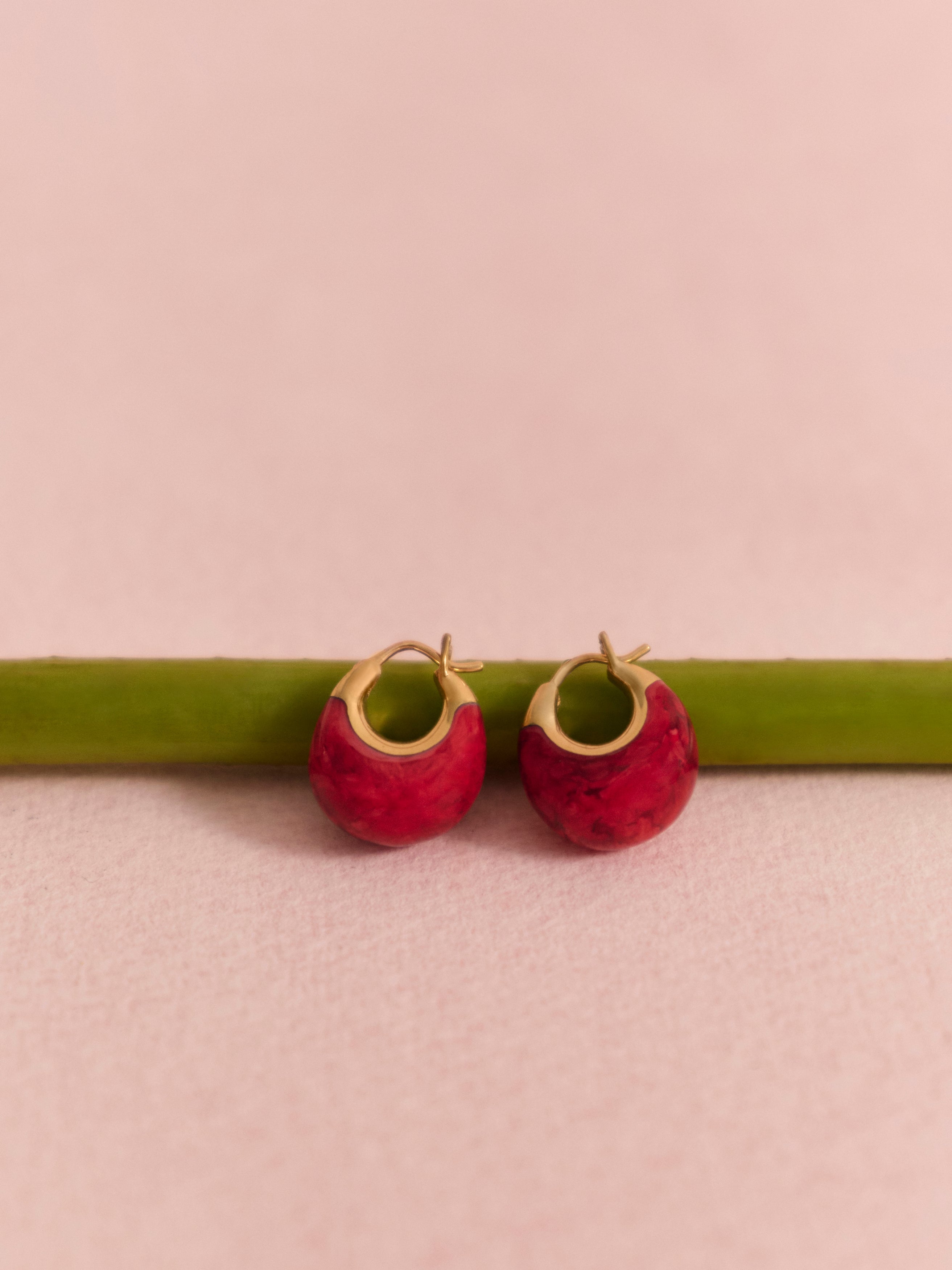 Pair of deep pink and brass resin hoop earrings lent against a floral stem
