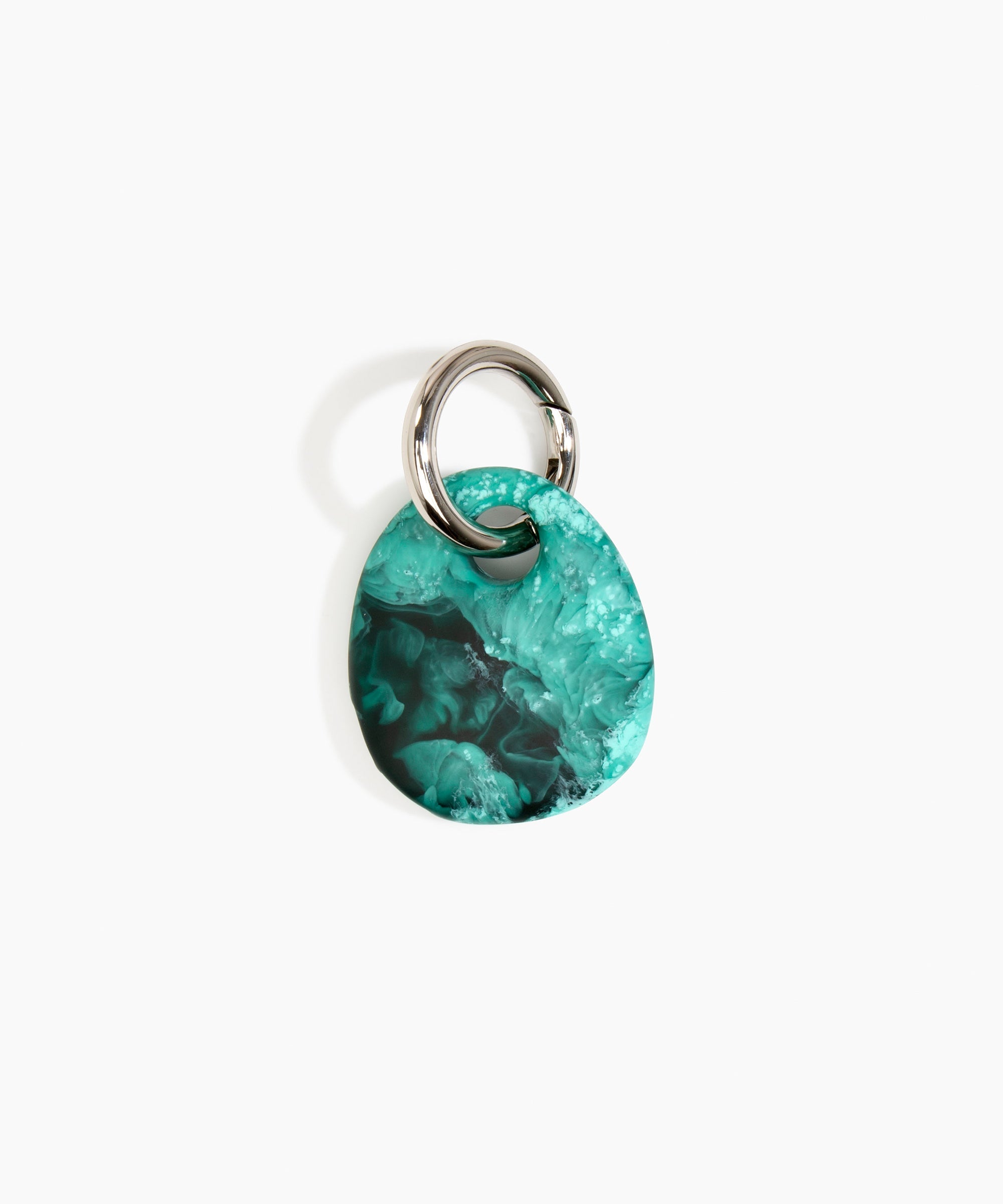 Dinosaur Designs Earth Keyring in Lichen — handcrafted marbled teal green and Black resin pebble bead on a polished gunmetal jump ring