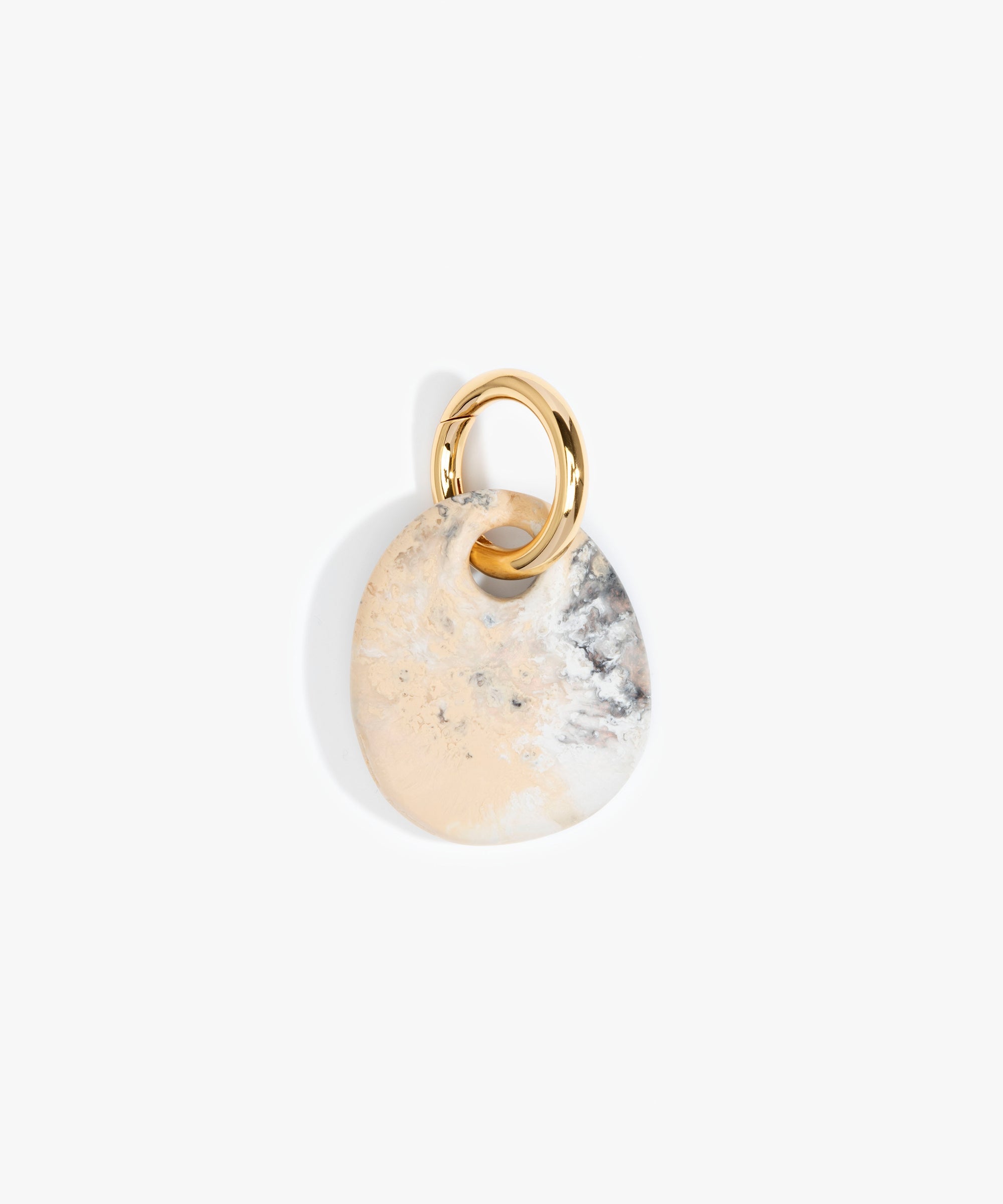 Dinosaur Designs Earth Keyring in Sandy Pearl — handcrafted marbled beige, grey and pearlescent resin pebble bead on a polished brass jump ring