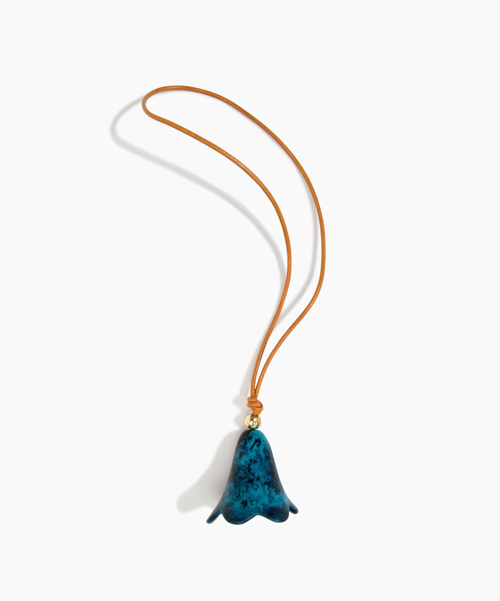 Dinosaur Designs Flower Bag Charm in Turquoise colour with Brass bead — handcrafted marbled teal blue resin bell-shaped flower bag charm with tan leather hanging loop and brass bead