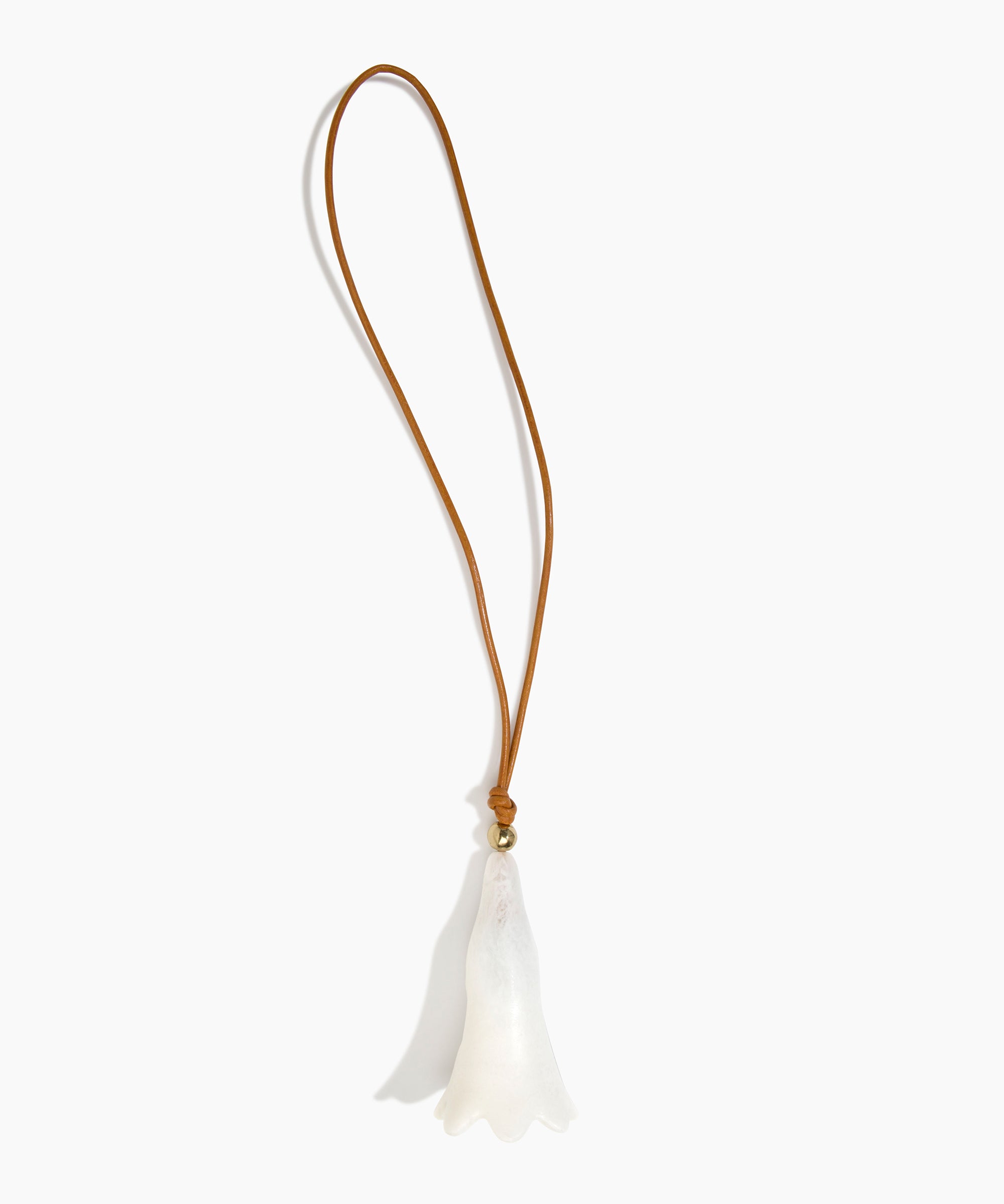 Dinosaur Designs Long Flower Bag Charm in Chalk Swirl colour with Brass bead — handcrafted marbled off-white resin bell-shaped flower bag charm with tan leather hanging loop and brass bead