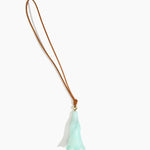 Dinosaur Designs Long Flower Bag Charm in Mint colour with Brass bead — handcrafted marbled mint blue resin bell-shaped flower bag charm with tan leather hanging loop and brass bead