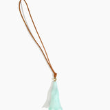 Dinosaur Designs Long Flower Bag Charm in Mint colour with Brass bead — handcrafted marbled mint blue resin bell-shaped flower bag charm with tan leather hanging loop and brass bead