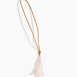 Dinosaur Designs Long Flower Bag Charm in Rose Swirl colour with Brass bead — handcrafted marbled dusty pink resin bell-shaped flower bag charm with tan leather hanging loop and brass bead