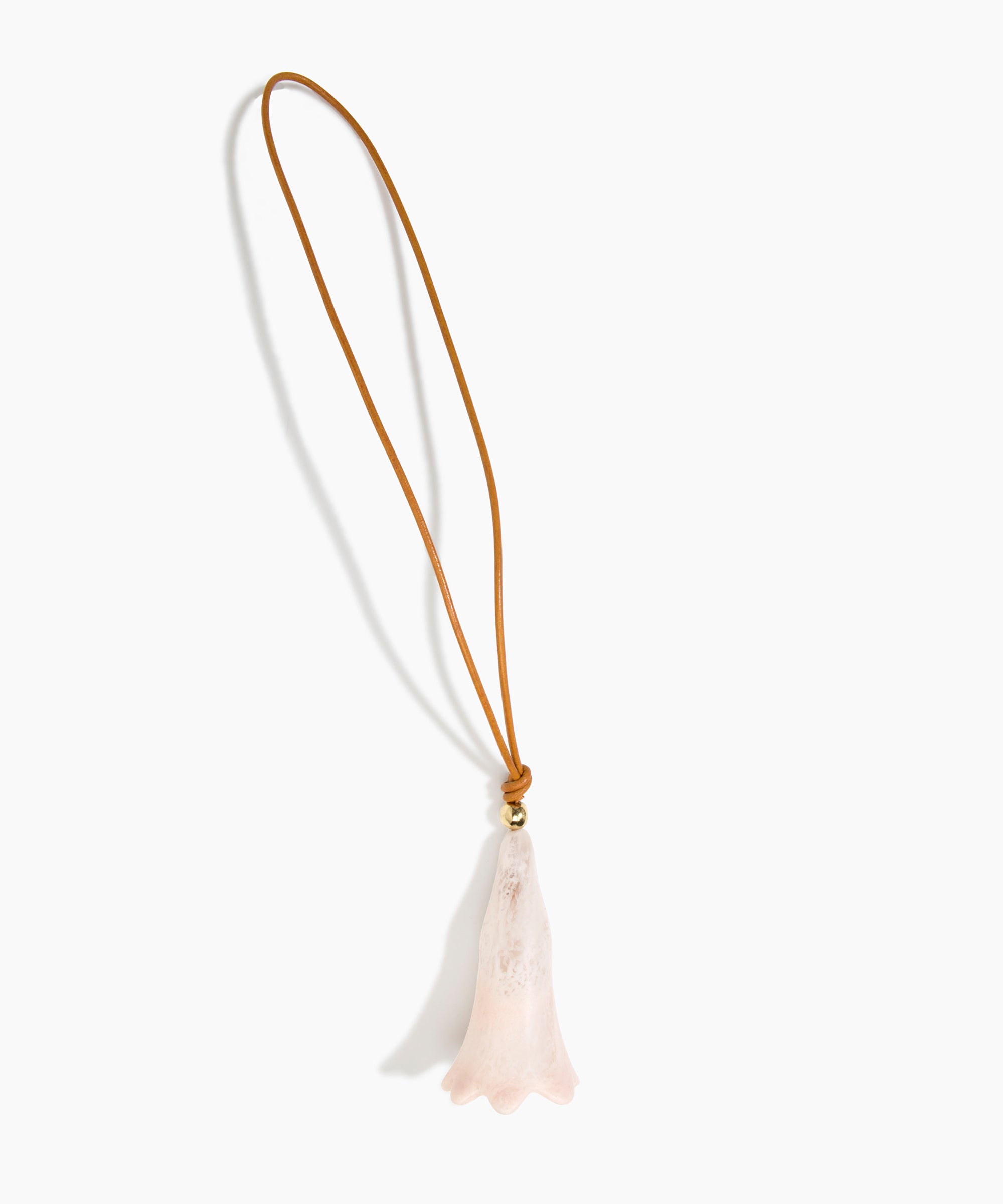 Dinosaur Designs Long Flower Bag Charm in Rose Swirl colour with Brass bead — handcrafted marbled dusty pink resin bell-shaped flower bag charm with tan leather hanging loop and brass bead