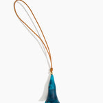 Dinosaur Designs Long Flower Bag Charm in Mint colour with Brass bead — handcrafted marbled teal blue resin bell-shaped flower bag charm with tan leather hanging loop and brass bead