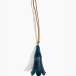 Dinosaur Designs Long Flower Decoration in Turquoise colour with Brass bead — handcrafted marbled teal blue resin bell-shaped flower ornament with tan leather hanging loop and brass bead