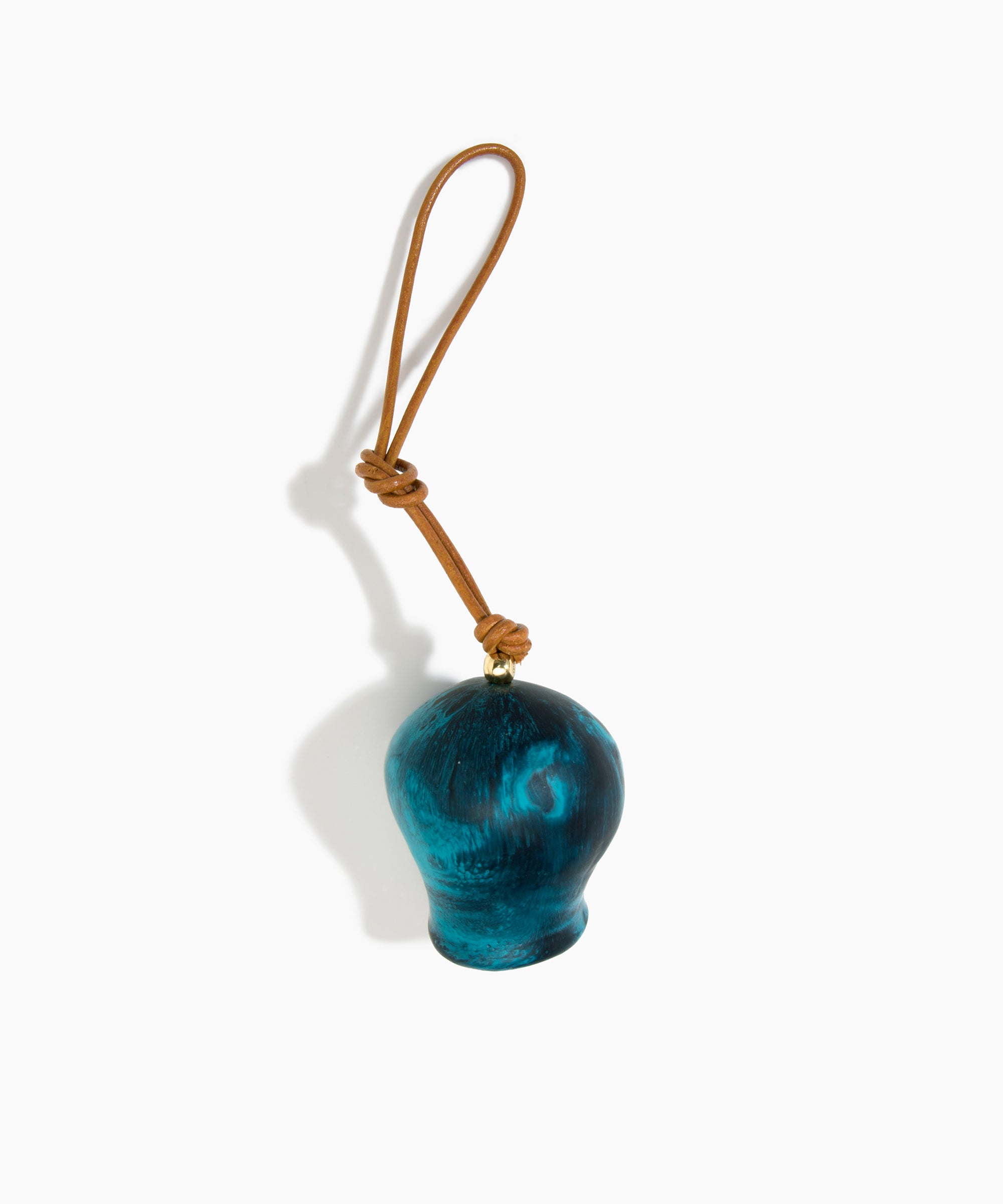 Dinosaur Designs Gumnut Decoration in Turquoise colour with Brass hardware — handcrafted marbled teal blue resin gumnut-shaped ornament with tan leather hanging loop and brass bead