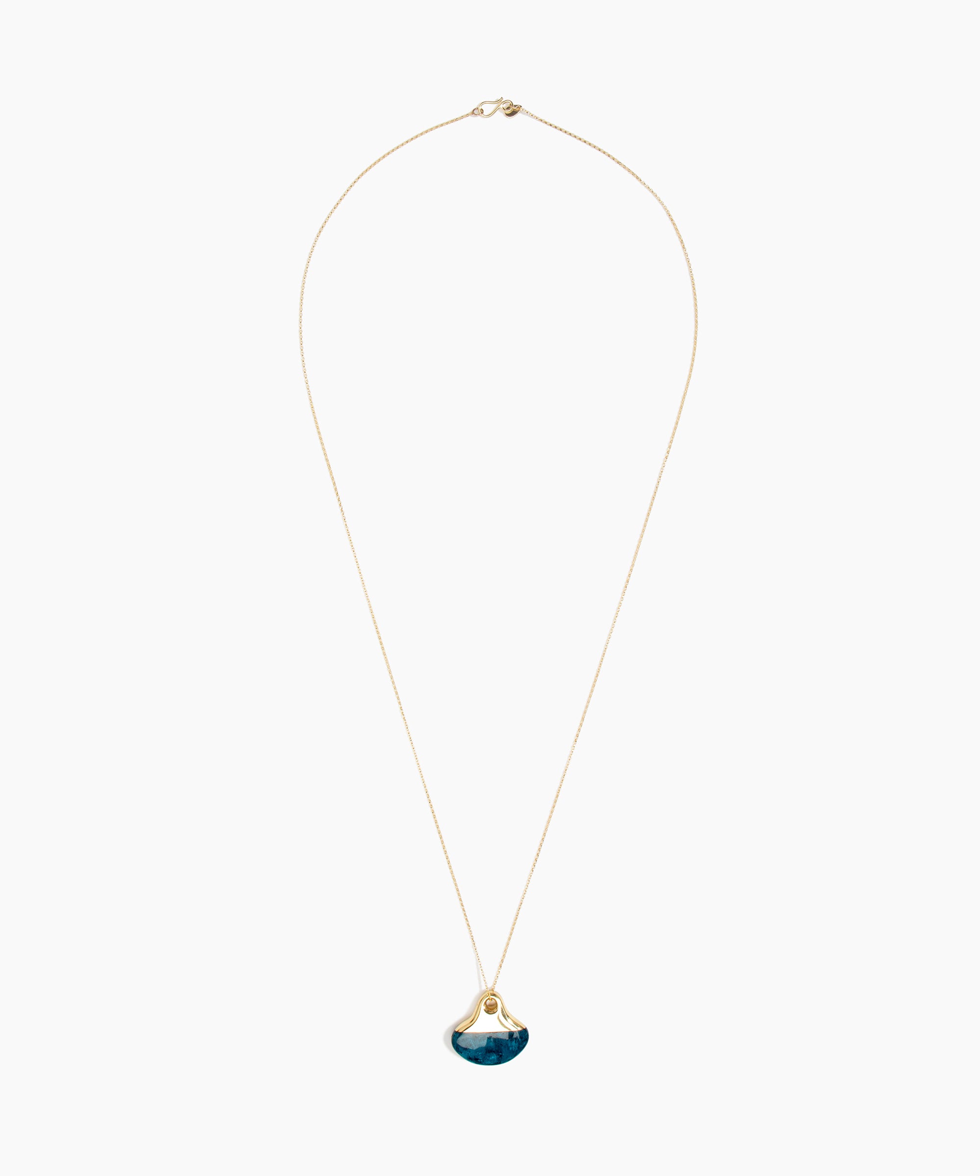 Dinosaur Designs Polished Lotus Chain Pendant in Turquoise with Gold-Fill hardware — marbled teal blue resin half-crescent pendant on a fine gold-fill chain with clasp