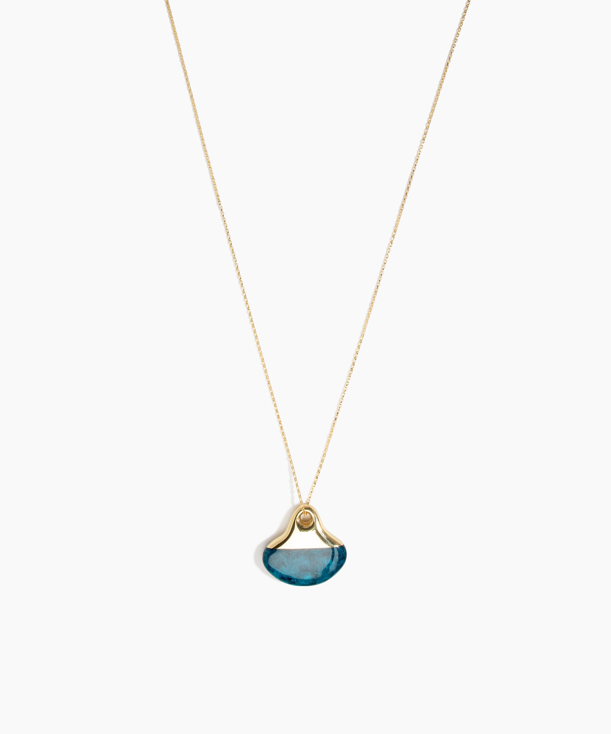 Dinosaur Designs Polished Lotus Chain Pendant in Turquoise with Gold-Fill hardware — marbled teal blue resin half-crescent pendant on a fine gold-fill chain with clasp