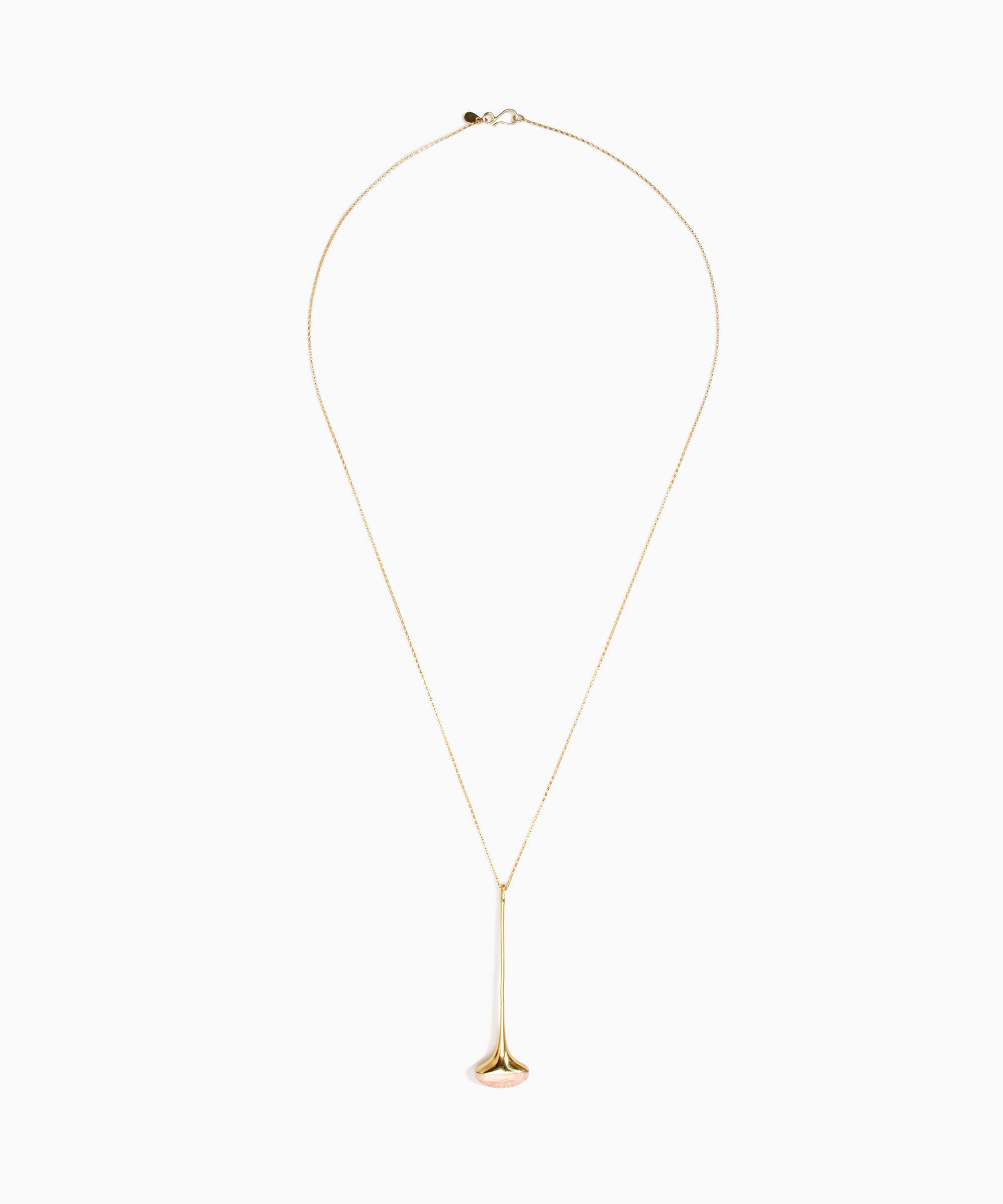 Dinosaur Designs Long Polished Lotus Chain Pendant in Rose Swirl with Gold-Fill hardware — marbled dusty pink resin half-dome pendant with elongated polished gold-fill tapered stem on a fine gold-fill chain