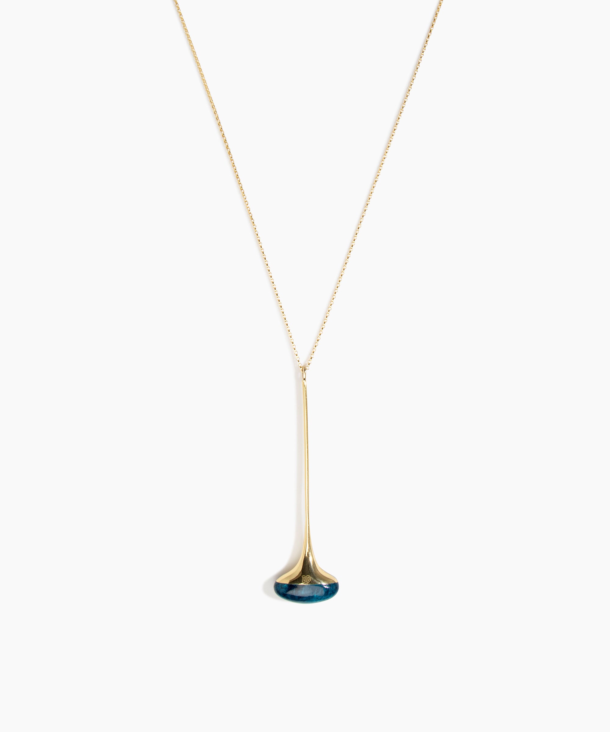 Dinosaur Designs Long Polished Lotus Chain Pendant in Turquoise with Gold-Fill hardware — marbled teal blue resin half-dome pendant with elongated polished gold-fill tapered stem on a fine gold-fill chain