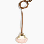 Dinosaur Designs Large Polished Lotus Pendant on Leather in Rose Swirl with Brass hardware — marbled dusty pink resin half-crescent pendant with polished brass setting on an adjustable tan leather cord